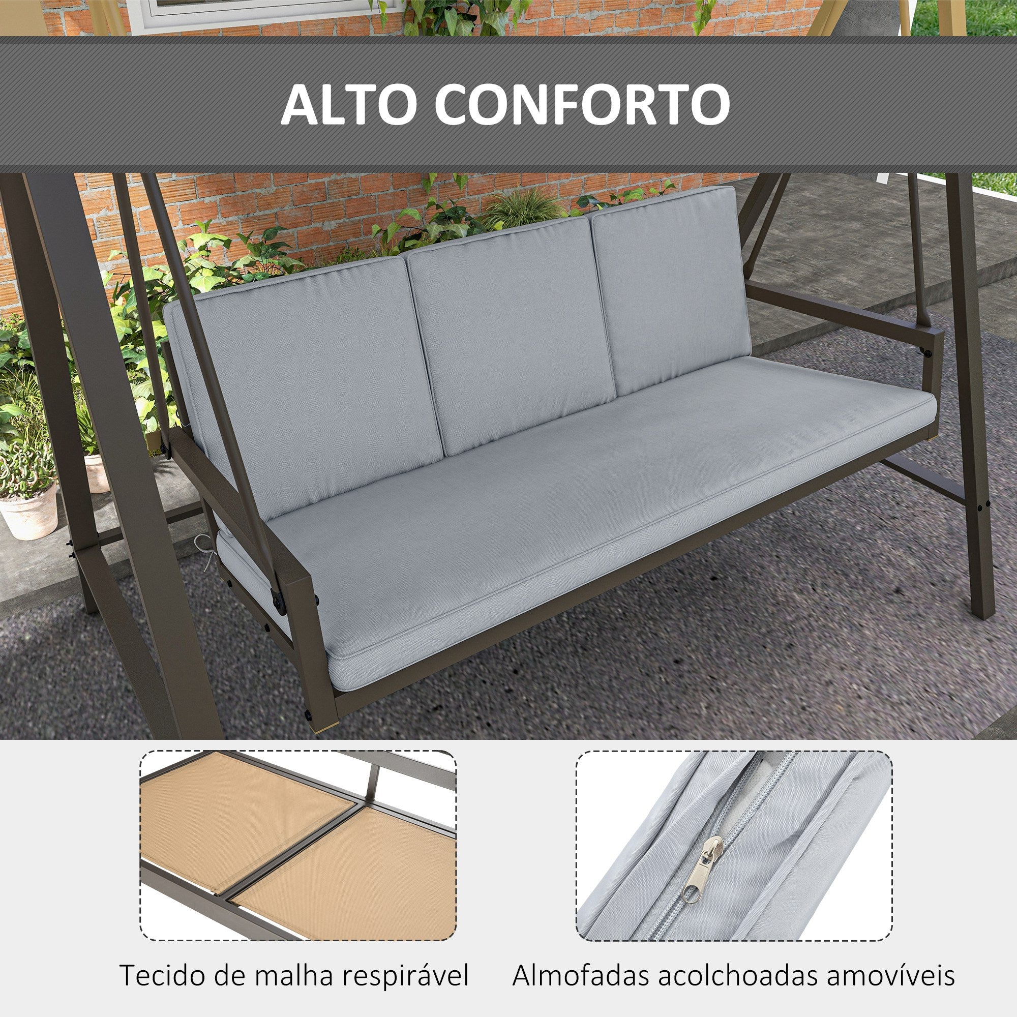Baloiço de Jardim 3 Lugares Cinza 200x125x175 cm