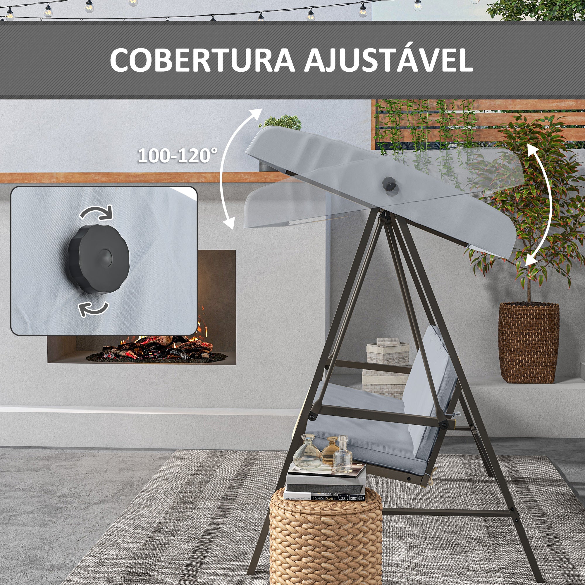 Baloiço de Jardim 3 Lugares Cinza 200x125x175 cm