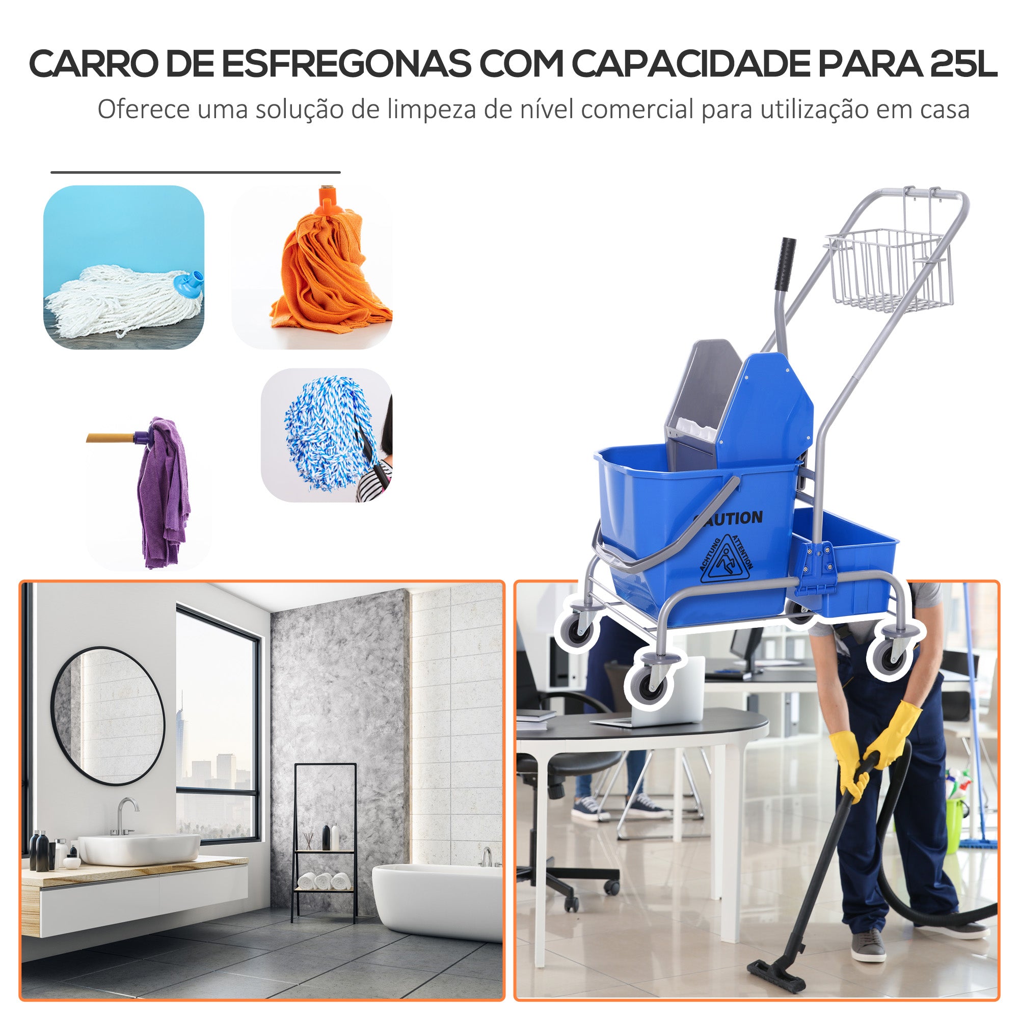 Carrinho de Limpeza Profissional 25 Litros Azul 72x49,5x95 cm