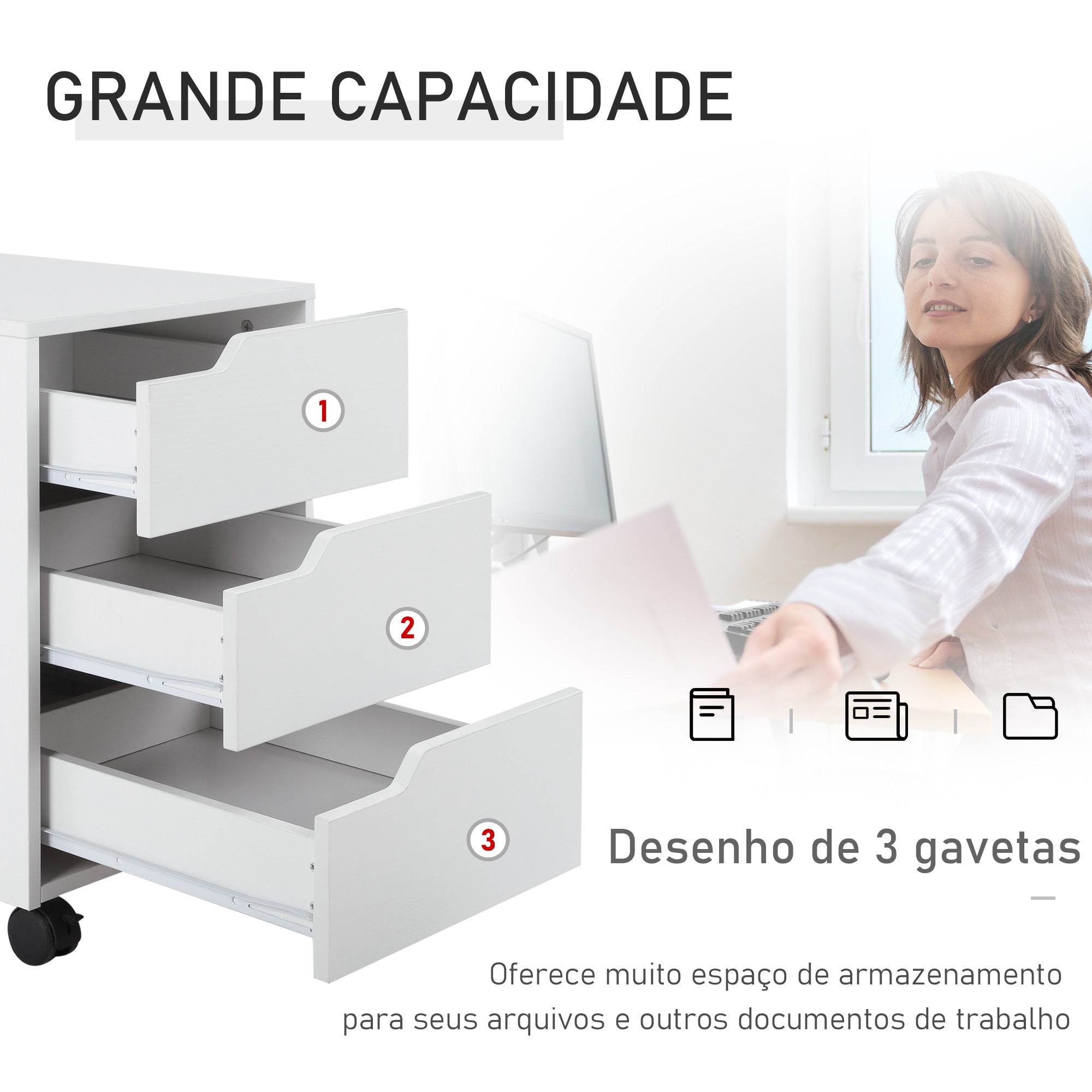 Bloco de Gavetas com 3 Gavetas e 4 Rodas 40x50x57,5 cm - Branco
