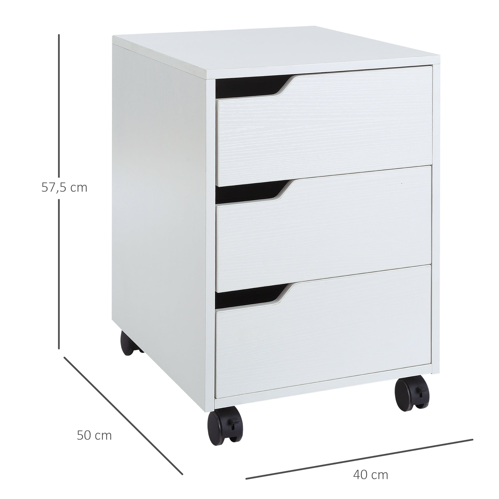 Bloco de Gavetas com 3 Gavetas e 4 Rodas 40x50x57,5 cm - Branco