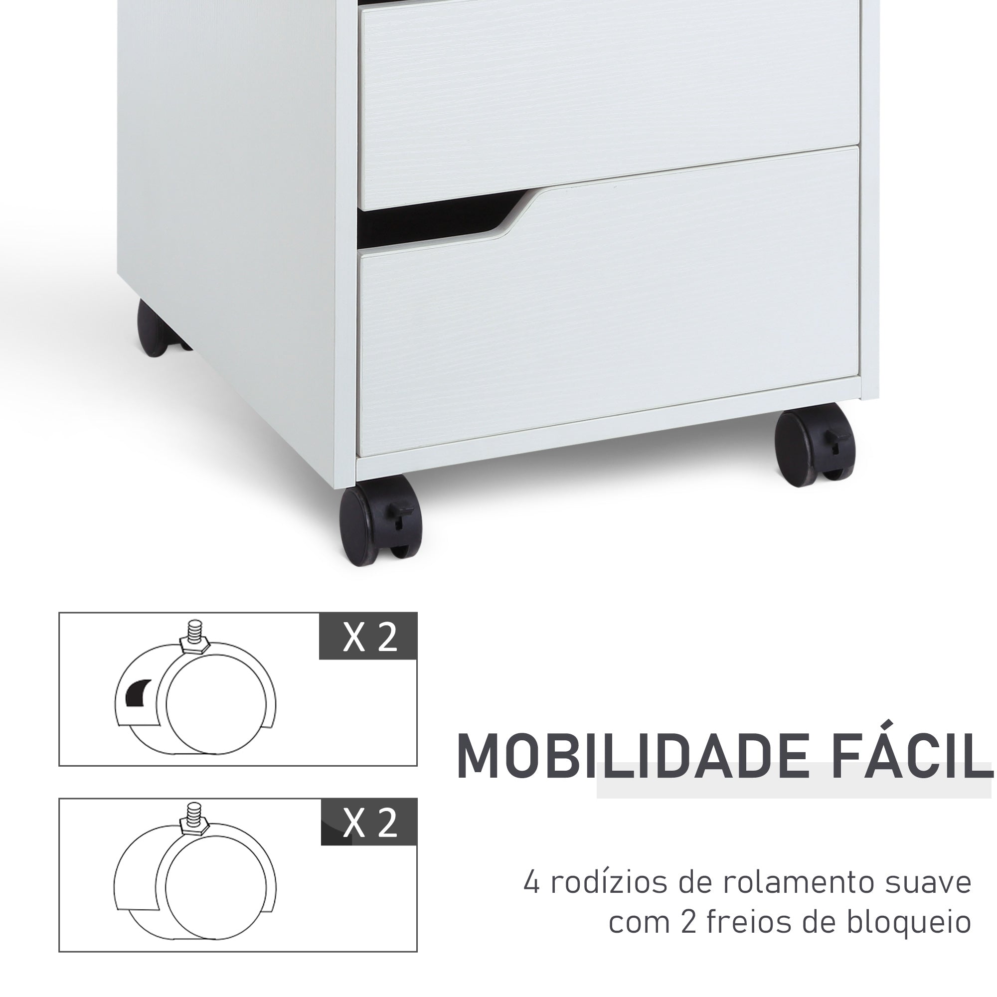 Bloco de Gavetas com 3 Gavetas e 4 Rodas 40x50x57,5 cm - Branco