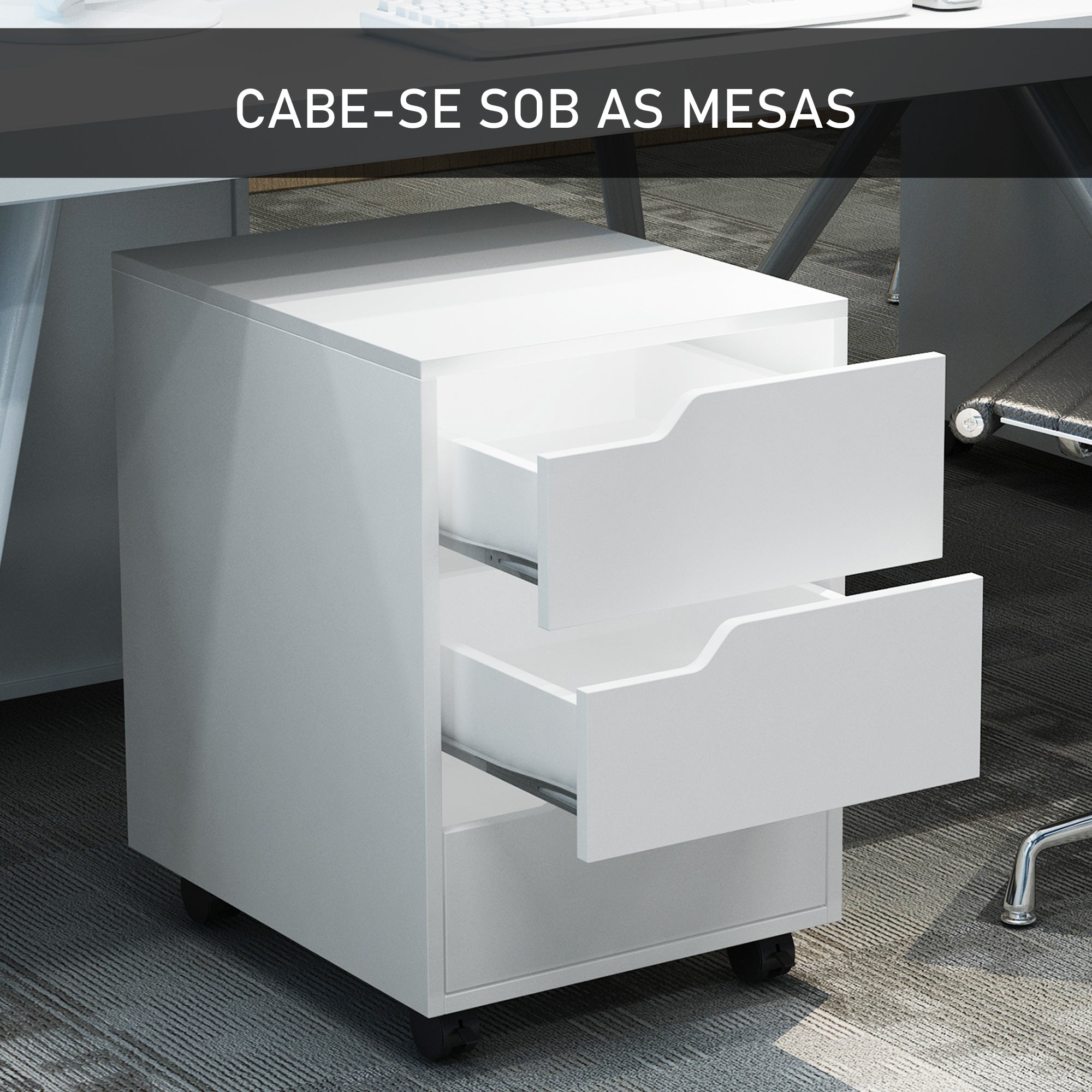 Bloco de Gavetas com 3 Gavetas e 4 Rodas 40x50x57,5 cm - Branco