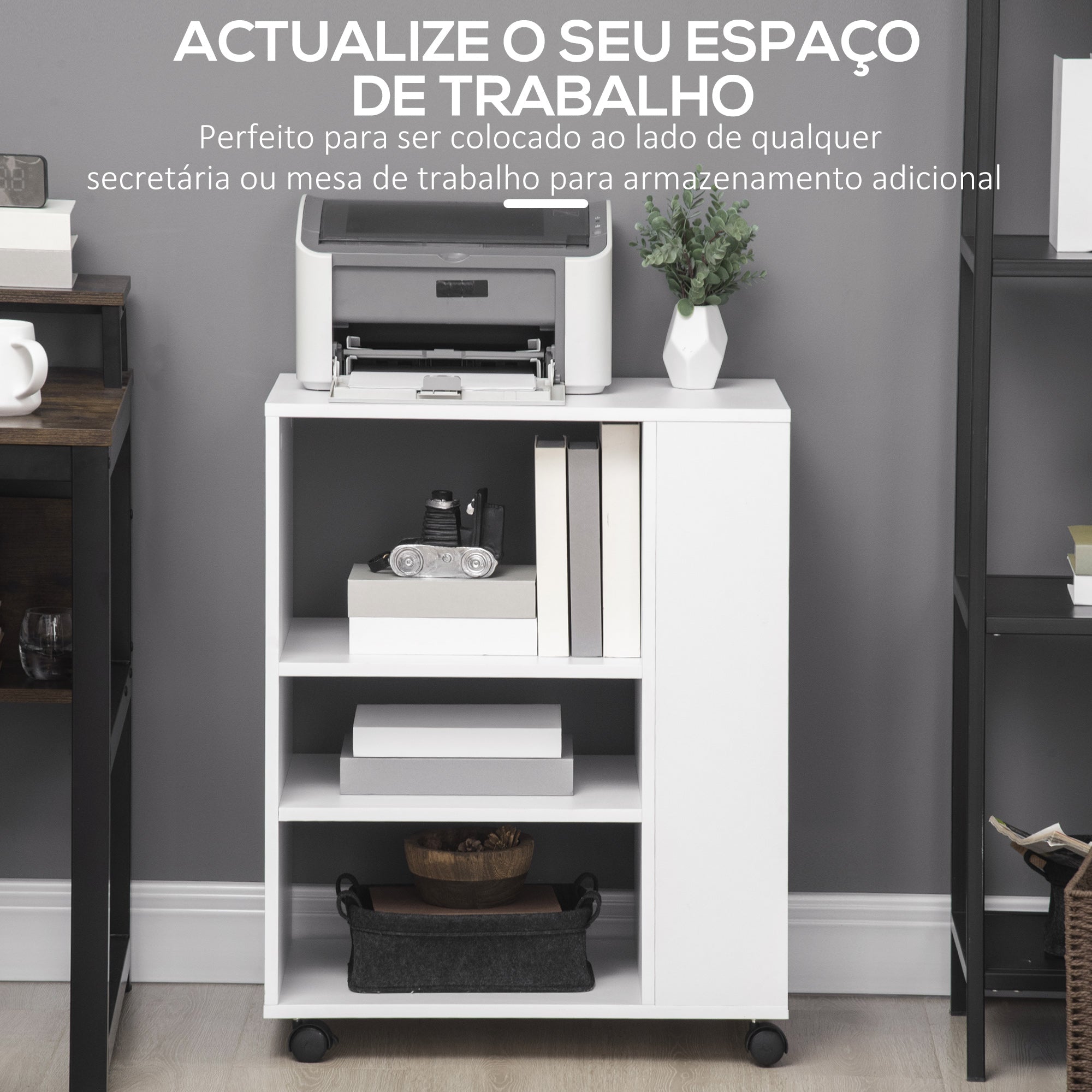 Armário para Impressora Móvel Auxiliar de Escritório Branco 60x40x75.8 cm