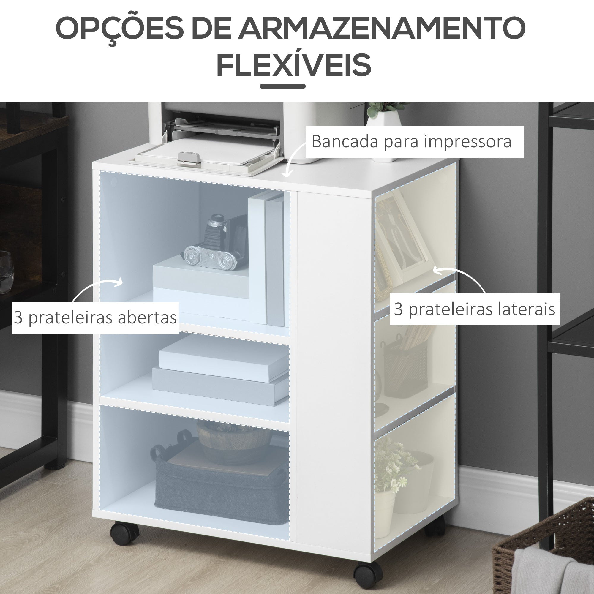 Armário para Impressora Móvel Auxiliar de Escritório Branco 60x40x75.8 cm