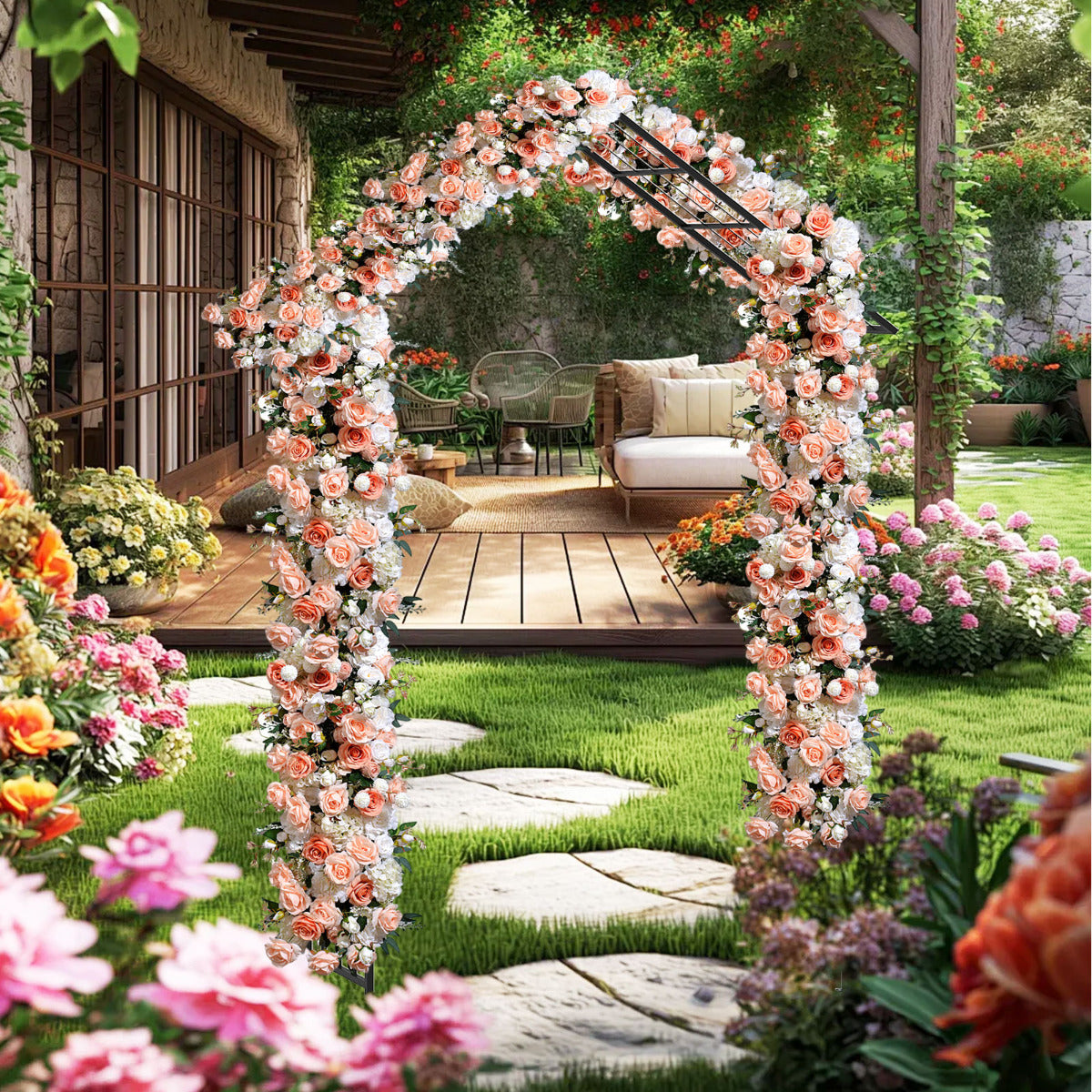 Pérgola de Jardim Moderna com Treliça de Múltiplos Travessões Laterais e 4 Estacas de Solo Elegante Topo em Forma de Telhado