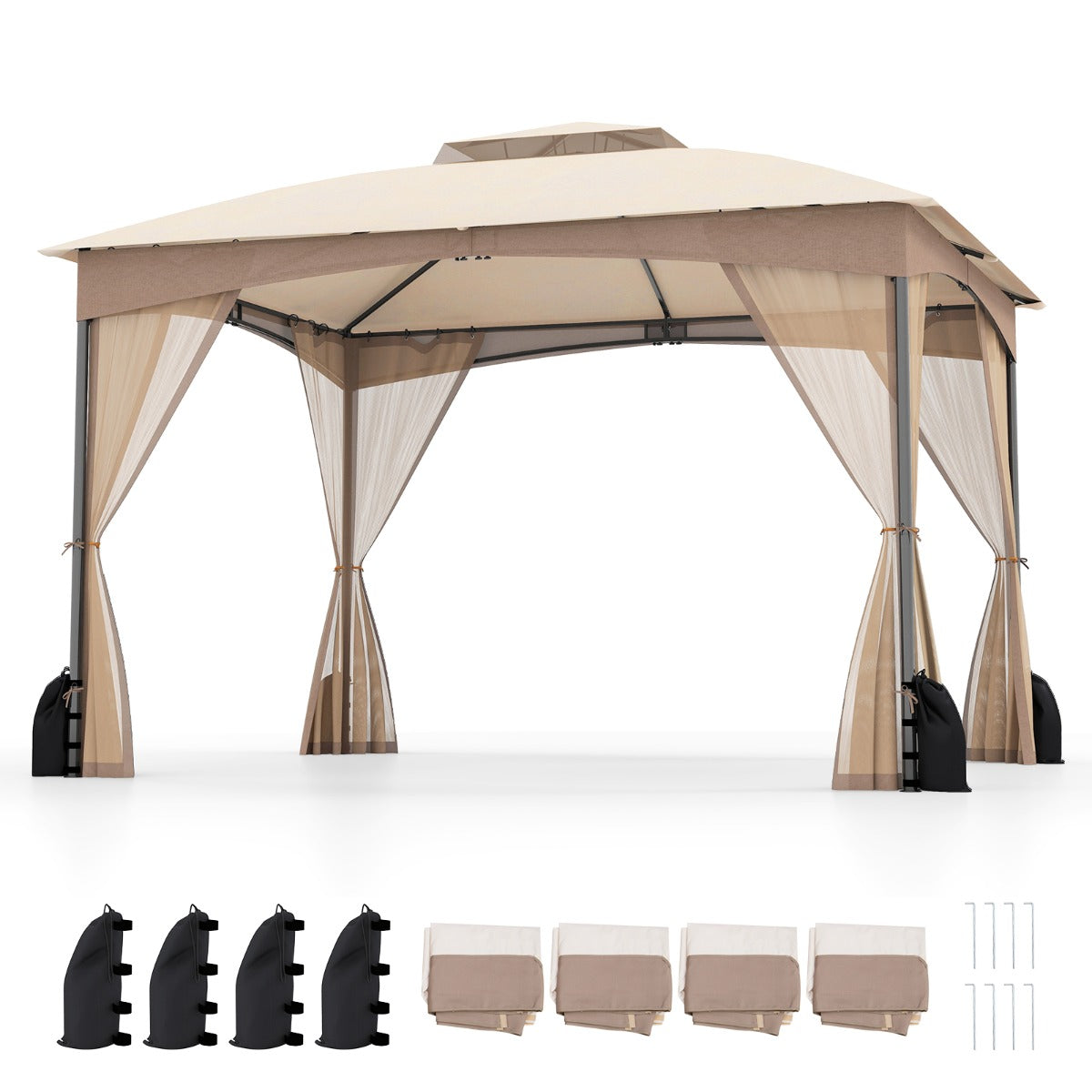 Pérgola de Pátio 365x300 cm com Paredes de Malha Estrutura de Metal Resistente Portas com Fecho de Correr - Caqui