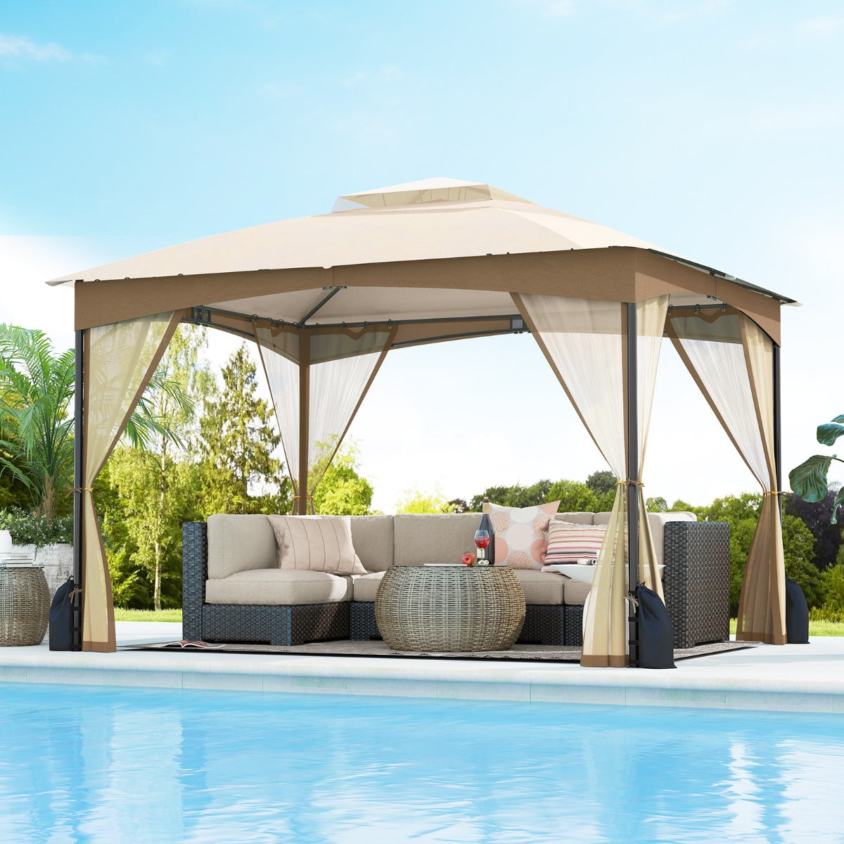 Pérgola de Pátio 365x300 cm com Paredes de Malha Estrutura de Metal Resistente Portas com Fecho de Correr - Caqui