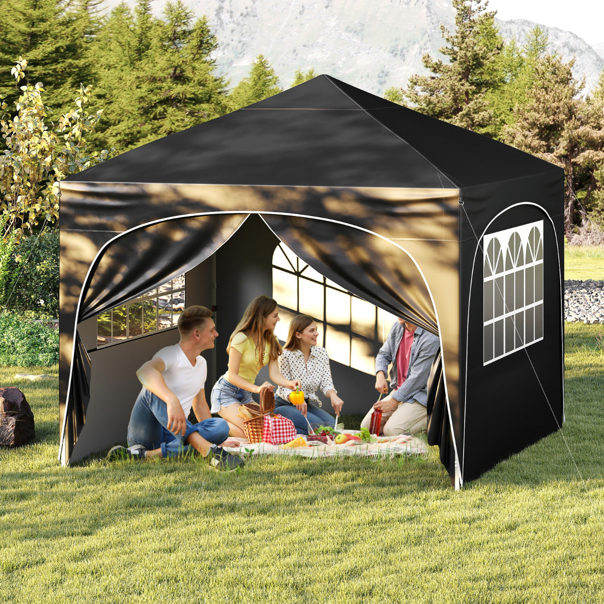 Tenda de Jardim 3 x 3 m com 4 Paredes Laterais Removíveis Inclui Bolsa com Rodas 8 Estacas 4 Âncoras Preto