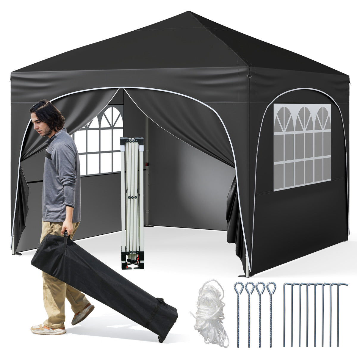 Tenda de Jardim 3 x 3 m com 4 Paredes Laterais Removíveis Inclui Bolsa com Rodas 8 Estacas 4 Âncoras Preto