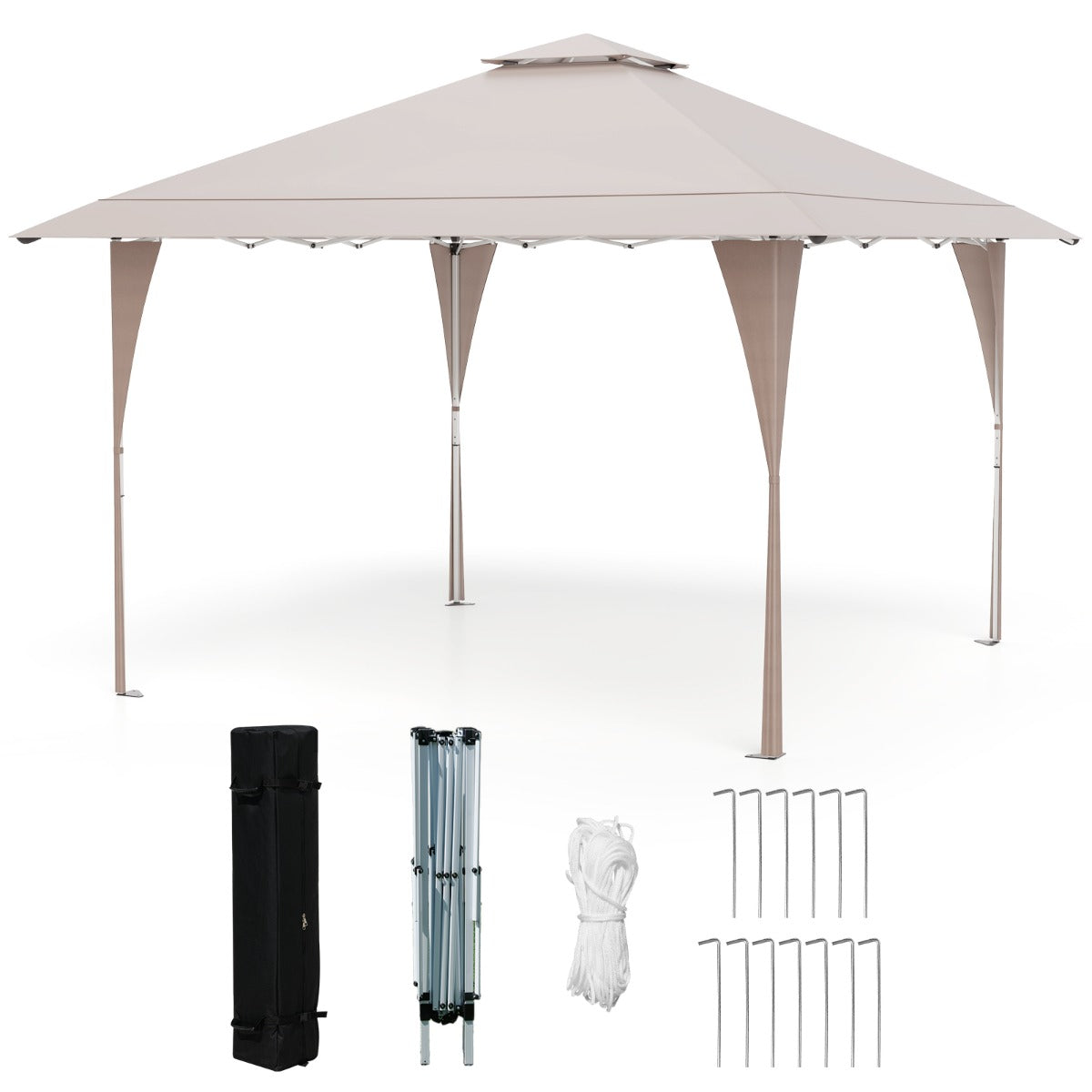 Gazebo Emergente 395 x 395 cm com Toldo Ventilado, 8 Orifícios de Drenagem, 4 Cordas e 8 Estacas em Caqui