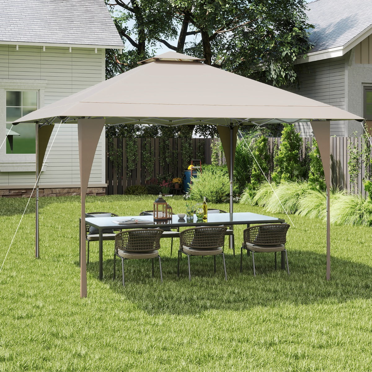 Gazebo Emergente 395 x 395 cm com Toldo Ventilado, 8 Orifícios de Drenagem, 4 Cordas e 8 Estacas em Caqui