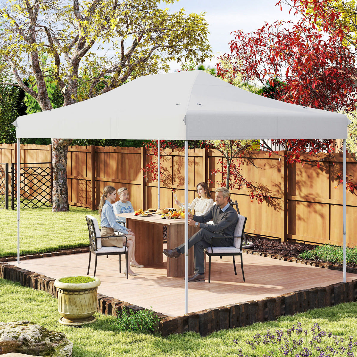 Pabellón Dobrável 300 x 445 cm Fácil Montagem Tenda Comercial com Orifícios de Drenagem Bolsa de Transporte com Rodas 4 Cordas 8 Estacas Bege