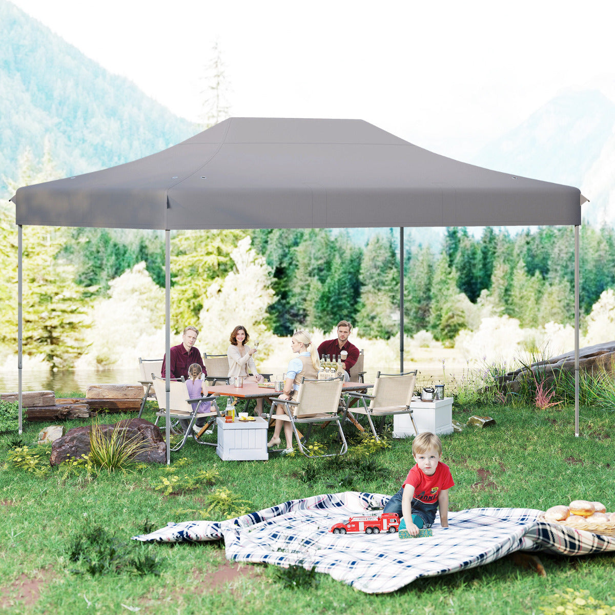 Pabellón Desdobrável 300 x 445 cm Montagem Fácil Tenda Comercial com Orifícios de Drenagem Bolsa de Transporte com Rodas 4 Cordas 8 Estacas Cinza