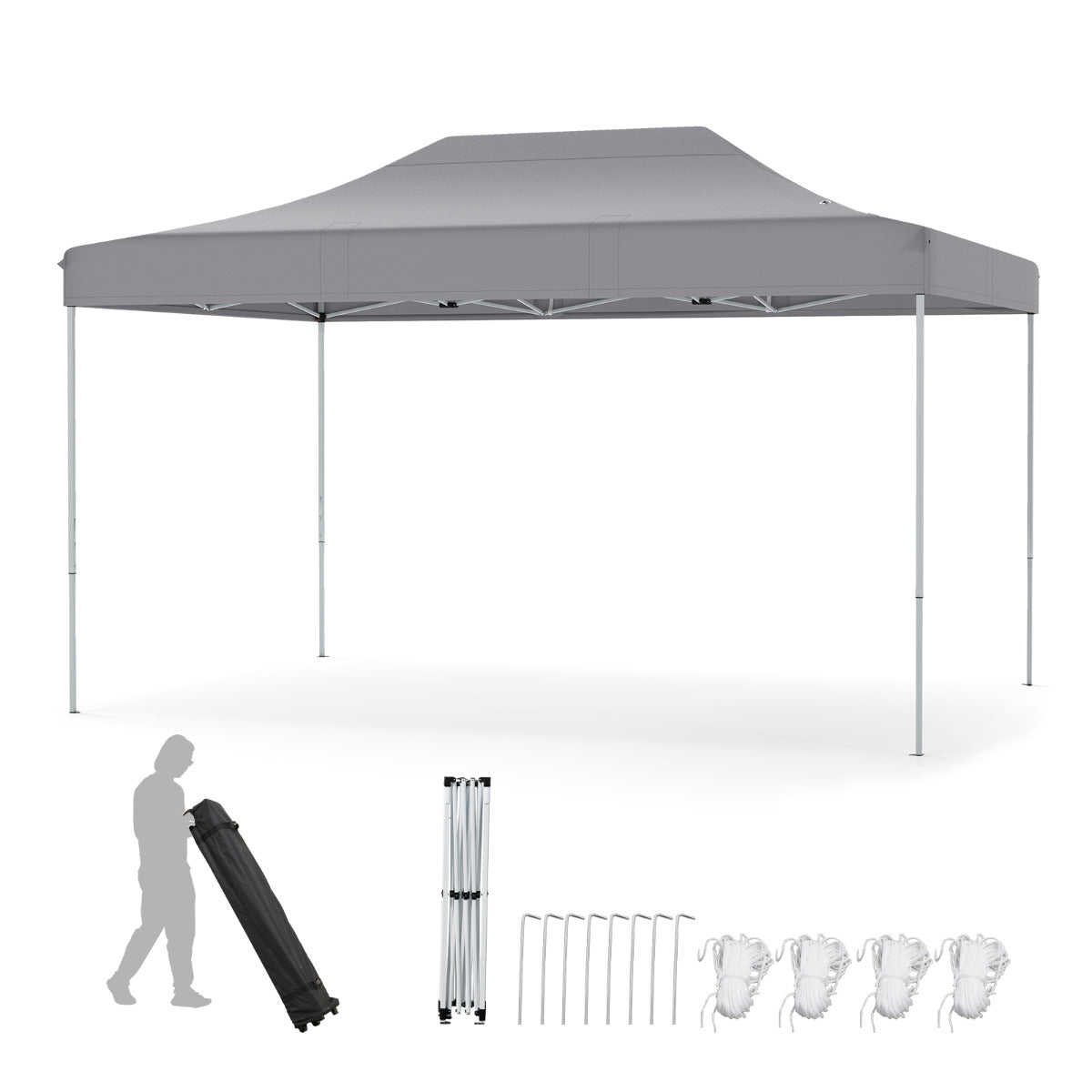 Pabellón Desdobrável 300 x 445 cm Montagem Fácil Tenda Comercial com Orifícios de Drenagem Bolsa de Transporte com Rodas 4 Cordas 8 Estacas Cinza
