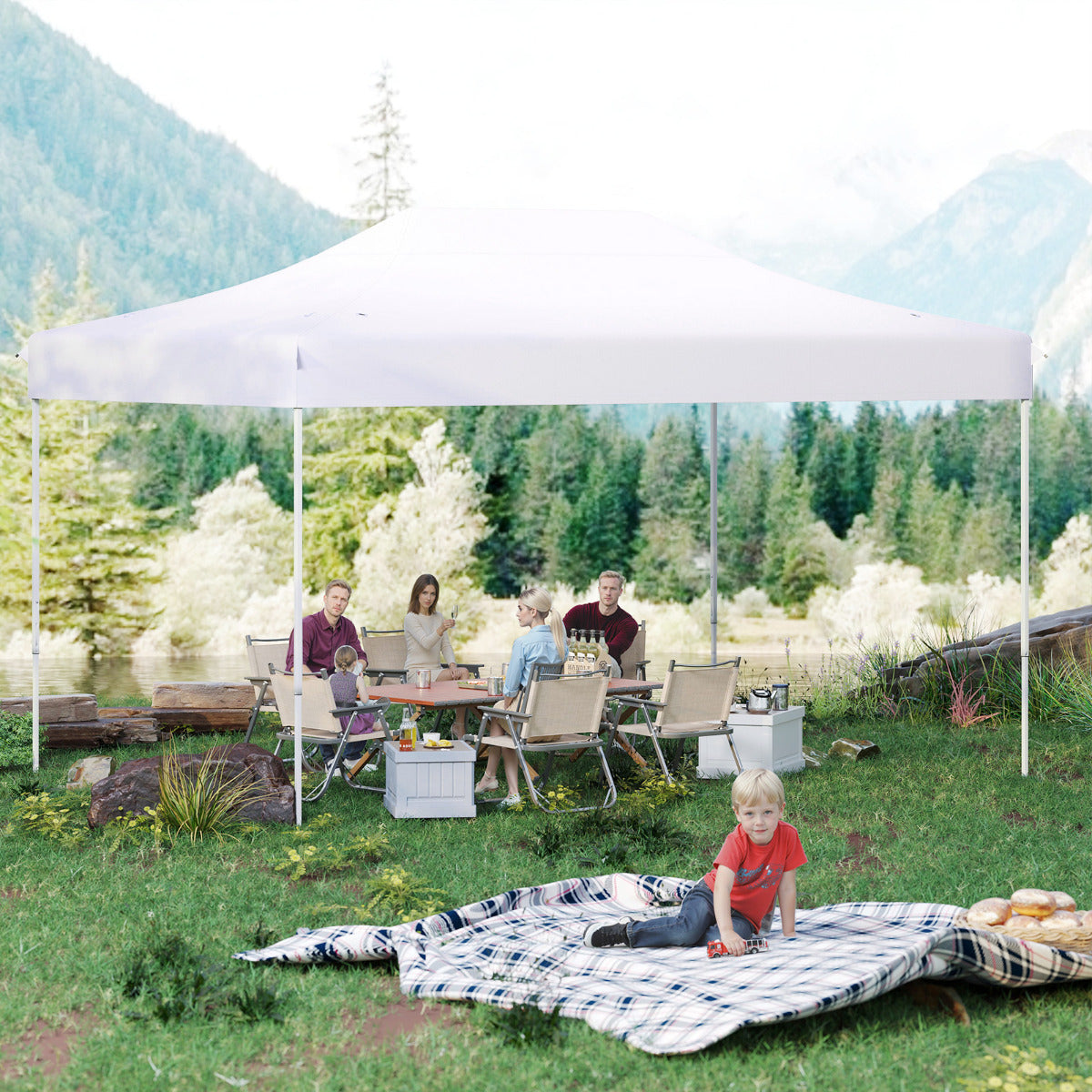 Pabellón Dobrável 300 x 445 cm Fácil Montagem Tenda Comercial com Orifícios de Drenagem Bolsa de Transporte com Rodas 4 Cordas 8 Estacas Branco
