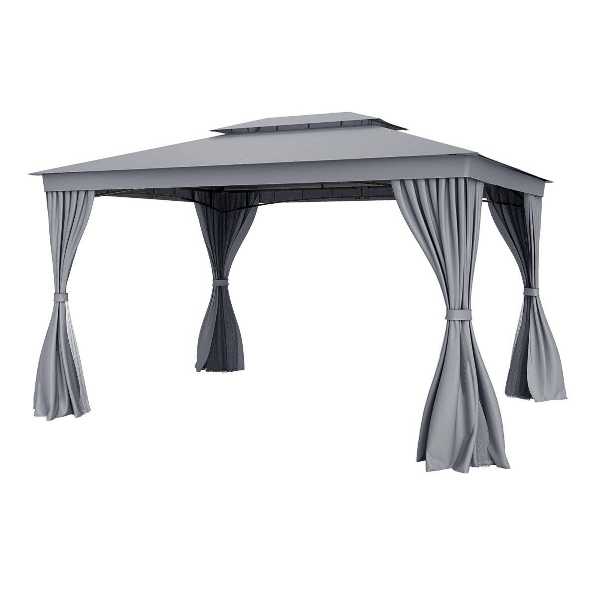 Pabellón de Jardim com Teto Duplo Estrutura de Metal Paredes Laterais de Mosquiteiro e 8 Estacas para Terraço Jardim 3 x 4 m Cinza