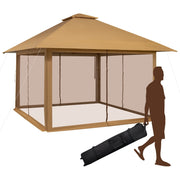 Pabellón Plegable com 4 Laterais de Malha Ajustável em Altura e Bolsa de Transporte para Jardim, Terraço, Campismo 400 x 400 cm Café