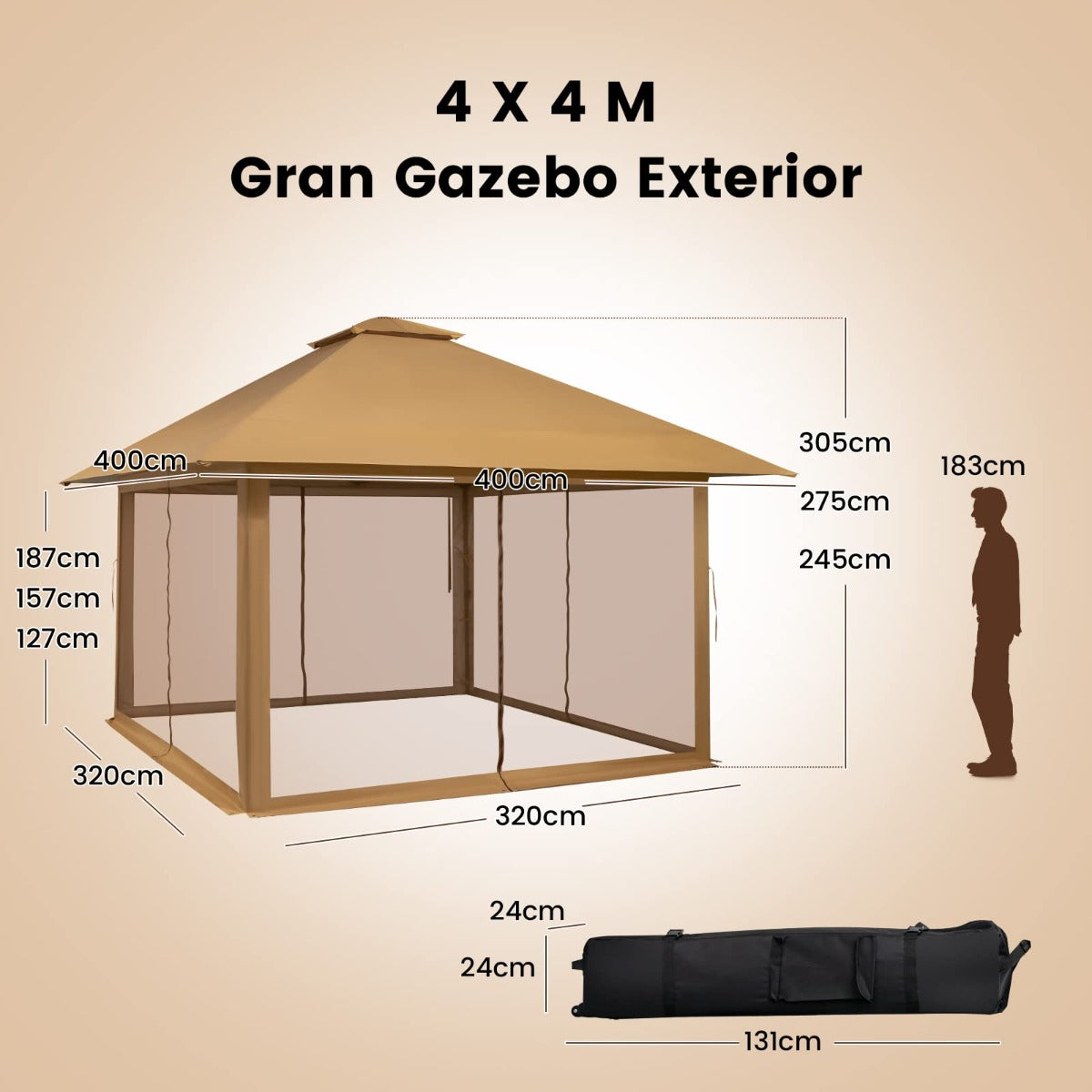 Pabellón Plegable com 4 Laterais de Malha Ajustável em Altura e Bolsa de Transporte para Jardim, Terraço, Campismo 400 x 400 cm Café