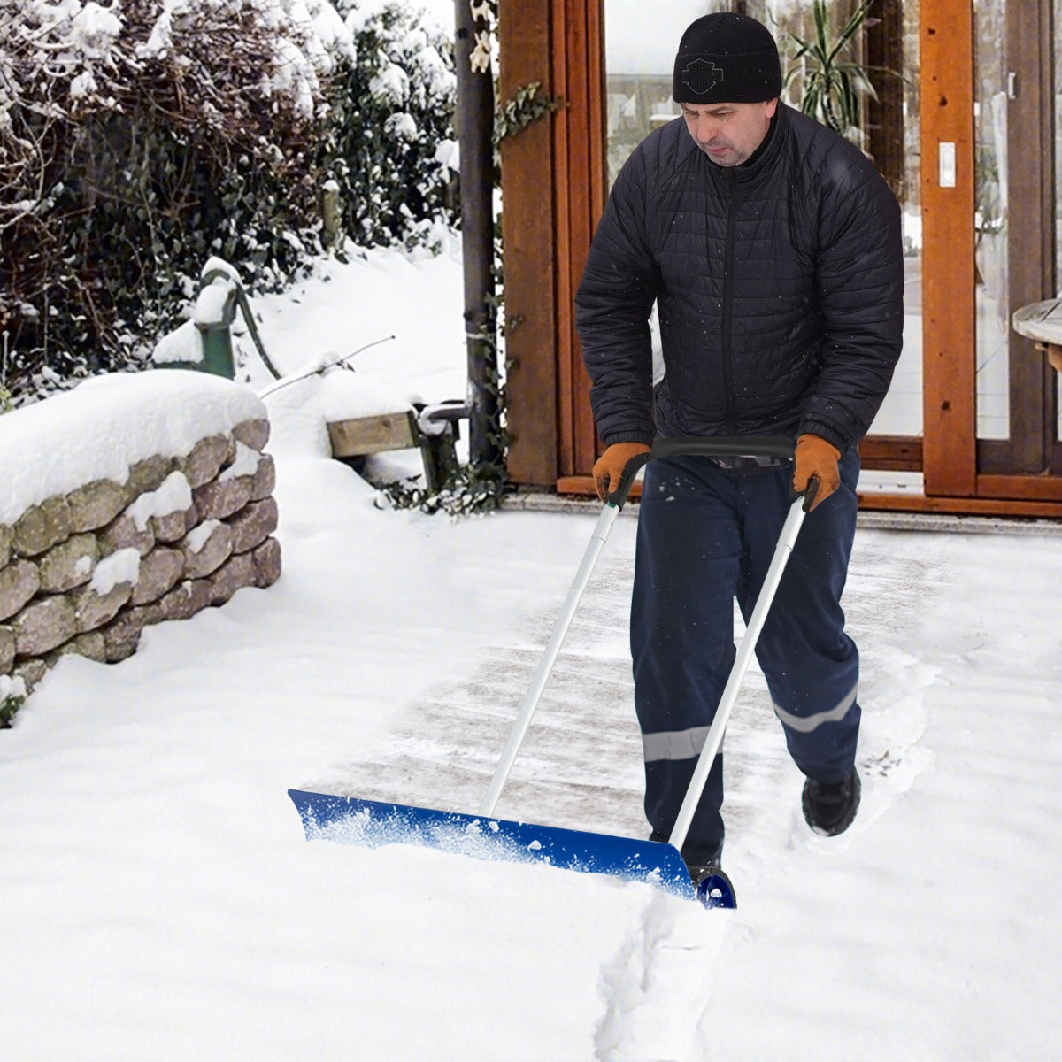 Pá de Neve em Alumínio 95 CM com Rodas Empurrador de Neve com Lâmina Angular Reversível e Bidirecional Pega Ajustável de 90° Azul