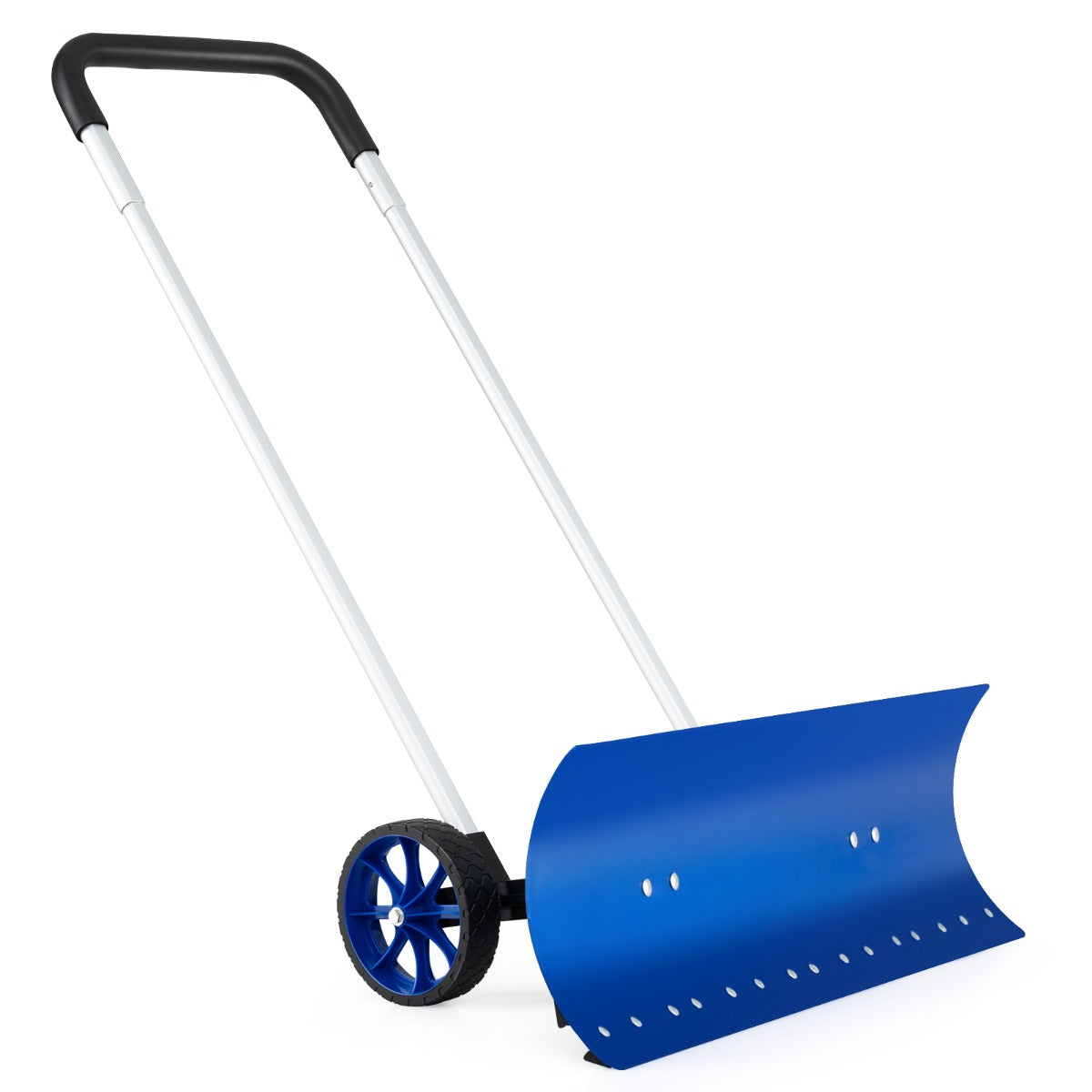 Pá de Neve em Alumínio 95 CM com Rodas Empurrador de Neve com Lâmina Angular Reversível e Bidirecional Pega Ajustável de 90° Azul