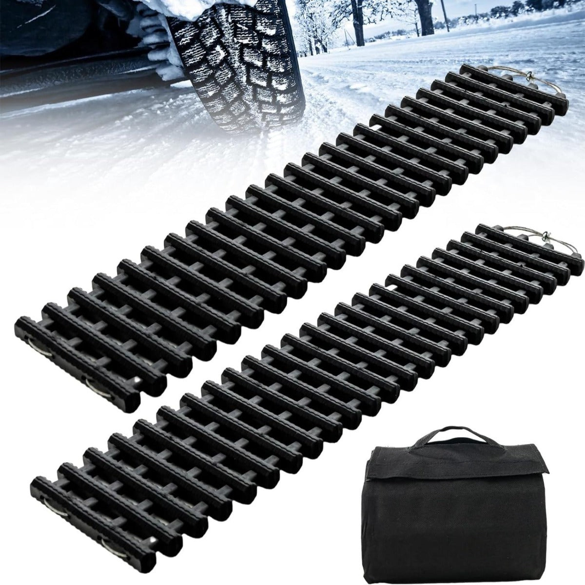 Conjunto de 2 Tapetes de Tração com Bolsa Almofada de Recuperação Portátil TPR para Pneus de Carro 98 x 21 x 2,8 cm Preto