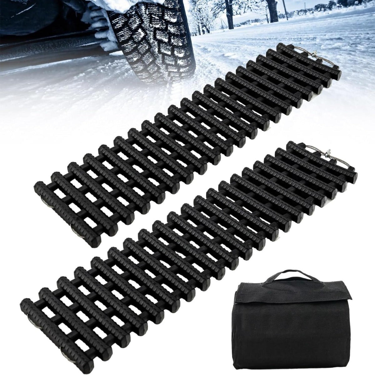 Conjunto de 2 Tapetes de Tração com Bolsa Almofada de Recuperação Portátil de TPR para Pneus de Carro 82 x 21 x 2,8 cm Preto
