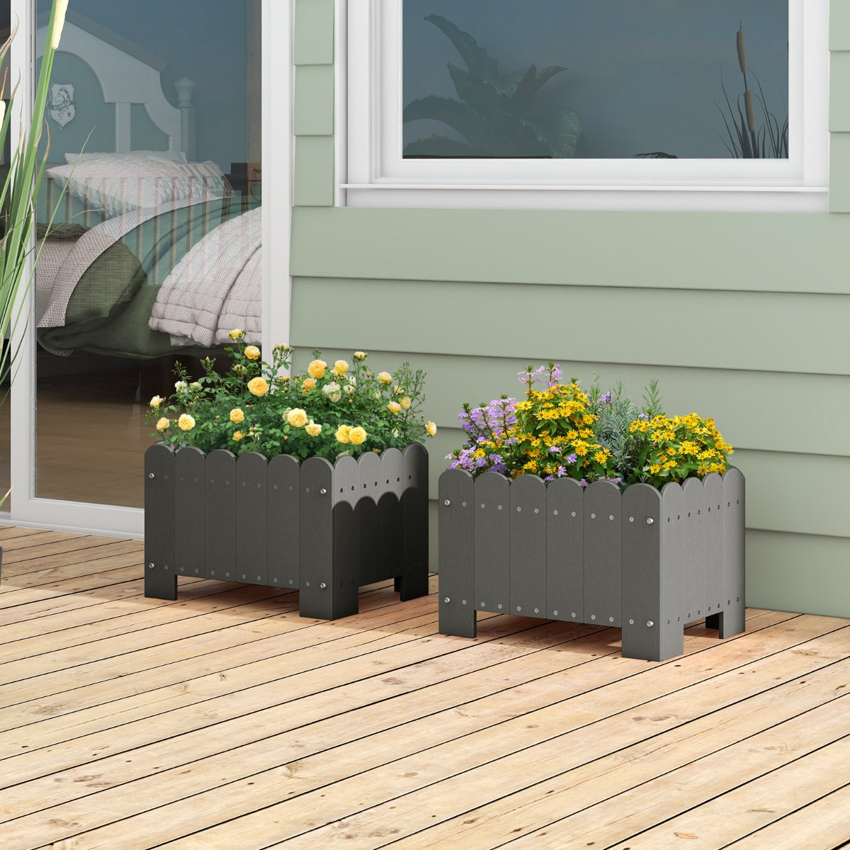 Conjunto de 2 Jardinheiras Quadradas em HDPE Resistente às Intempéries com Furos de Drenagem para Varanda ou Terraço 45 x 32 x 30 cm Cinzento