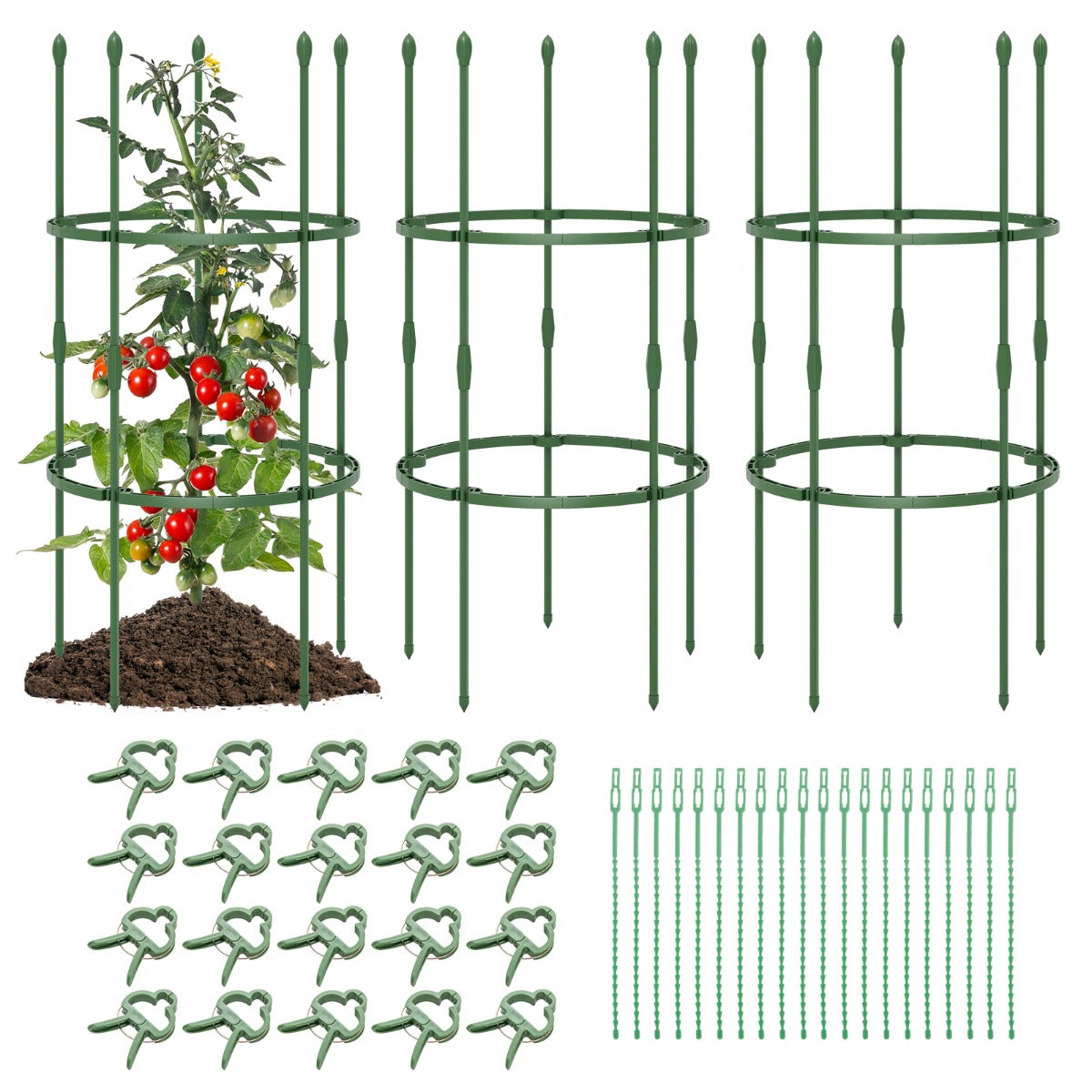Conjunto de 3 Treliças de 102 cm para Jardim Suportes Ajustáveis de Alta Resistência para Plantas Trepadeiras com Grampos e Laços Verde