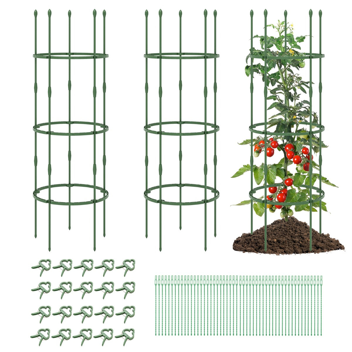 Conjunto de 3 Treliças de 154 cm para Jardim - Suportes Ajustáveis de Alta Resistência para Plantas Trepadeiras com Grampos e Laços Verde