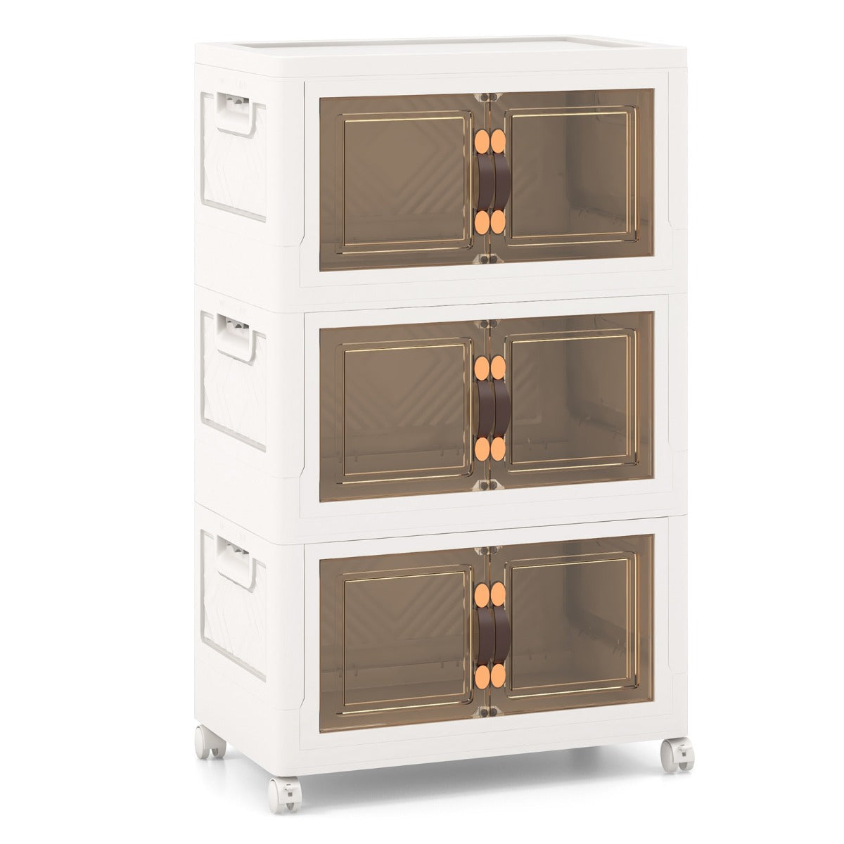 Conjunto de 3 Contentores Empilháveis com Portas, Rodas Bloqueáveis e Tampas Dobráveis em PP para Quarto 44,5 x 30 x 77,5 cm Branco