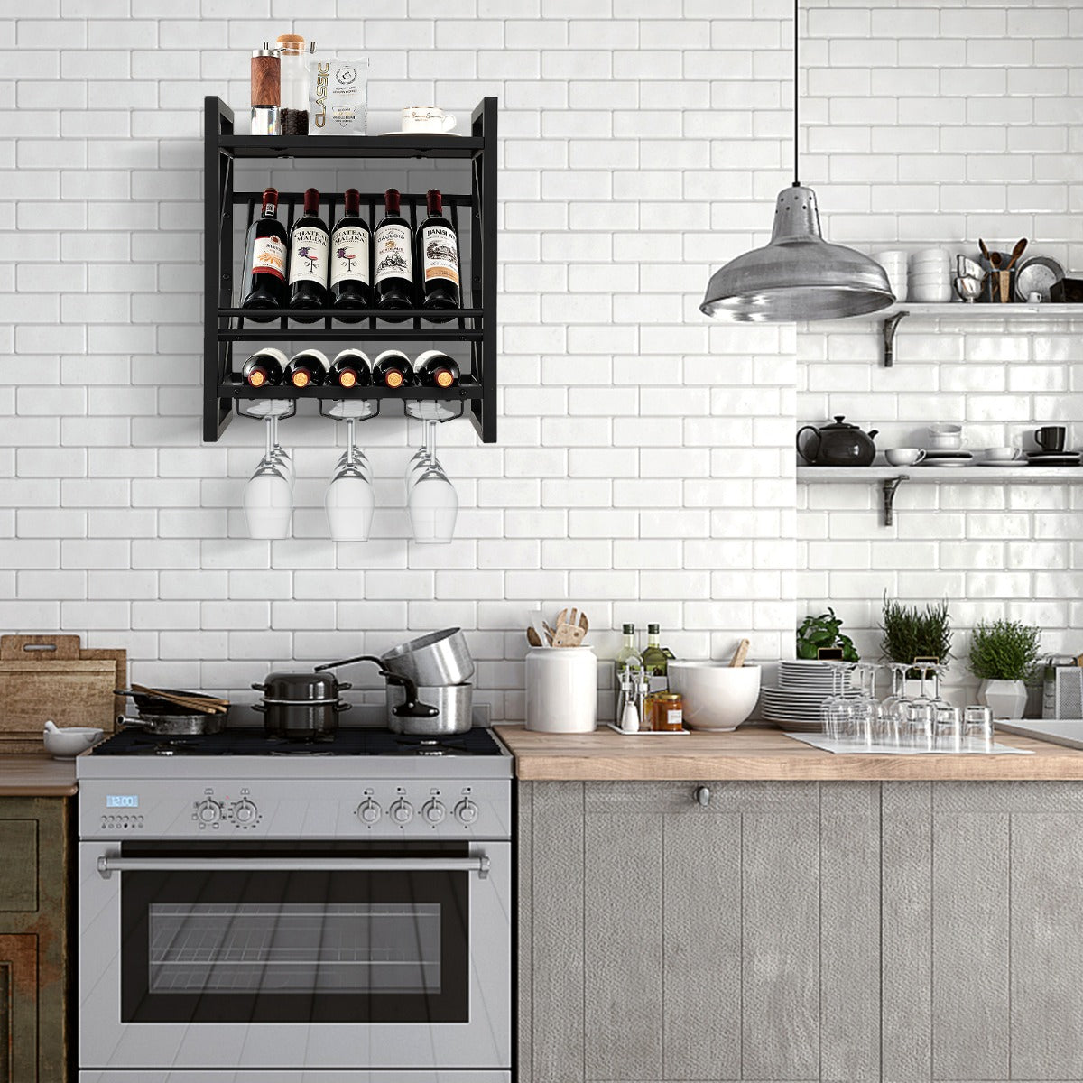 Garrafeira de Parede para Garrafas de Vinho Estante de Vinho com Porta-garrafas 2 Níveis 3 Filas de Suportes para Cozinha 51 x 26,5 x 60 cm