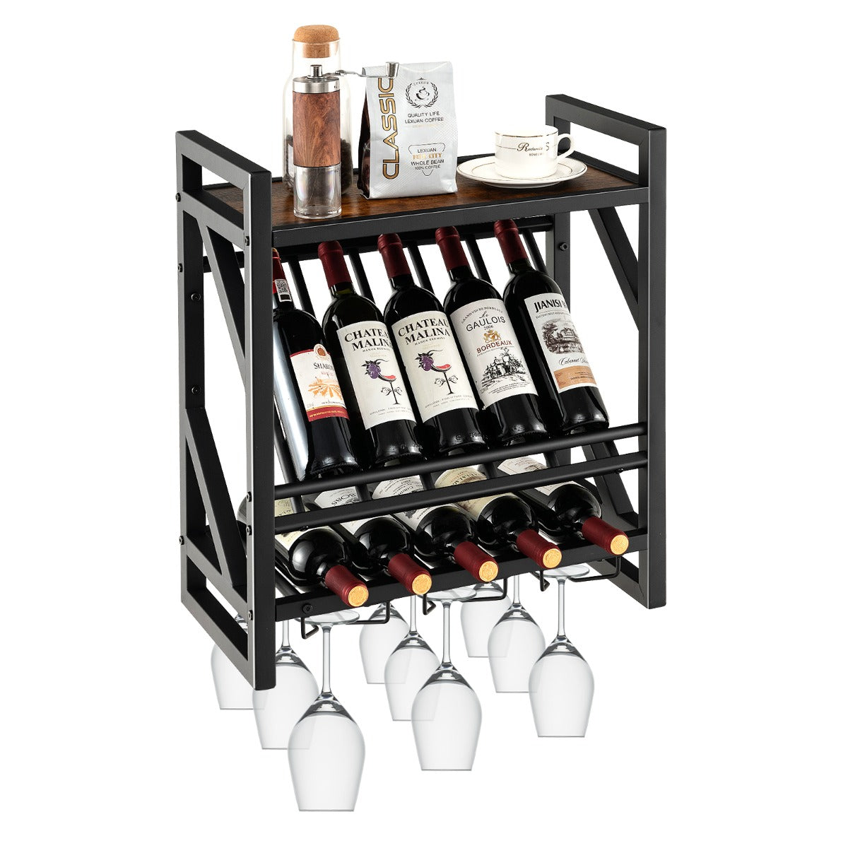 Garrafeira de Parede para Garrafas de Vinho Estante de Vinho com Porta-garrafas 2 Níveis 3 Filas de Suportes para Cozinha 51 x 26,5 x 60 cm