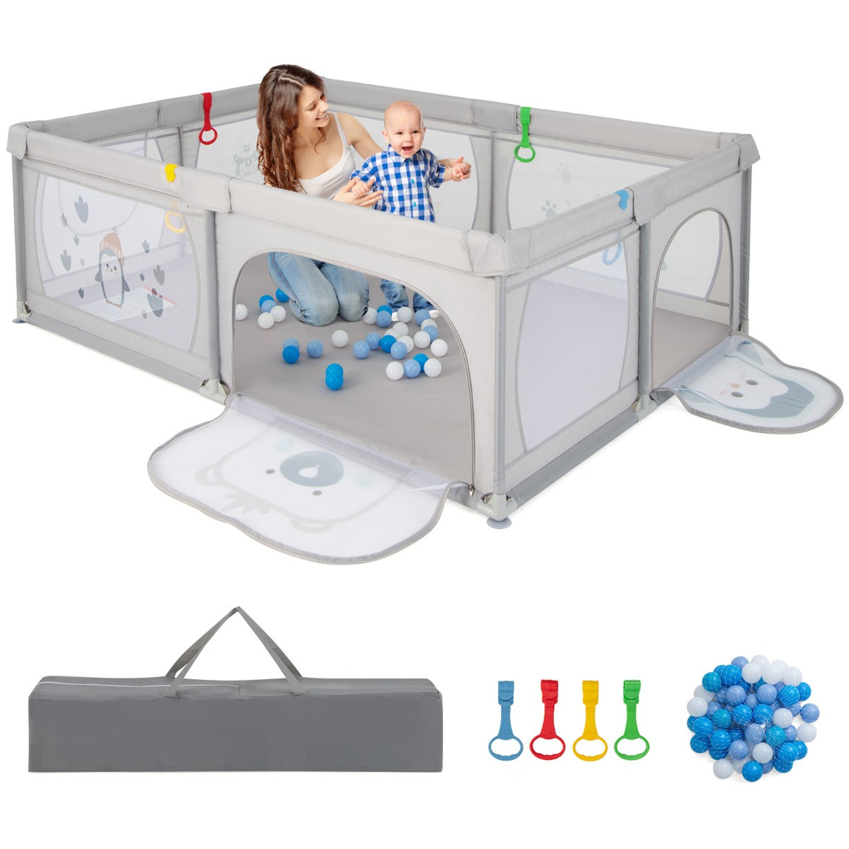 Parque Infantil – 206 x 147 x 68,5 cm – Cinzento – Tecido Oxford