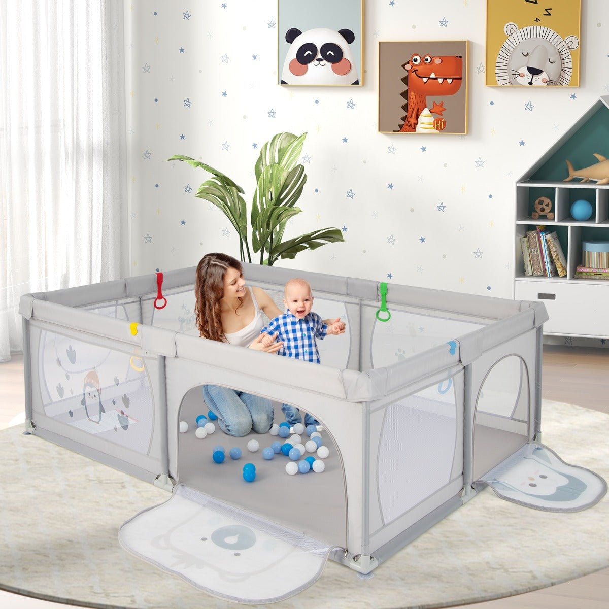 Parque Infantil – 206 x 147 x 68,5 cm – Cinzento – Tecido Oxford