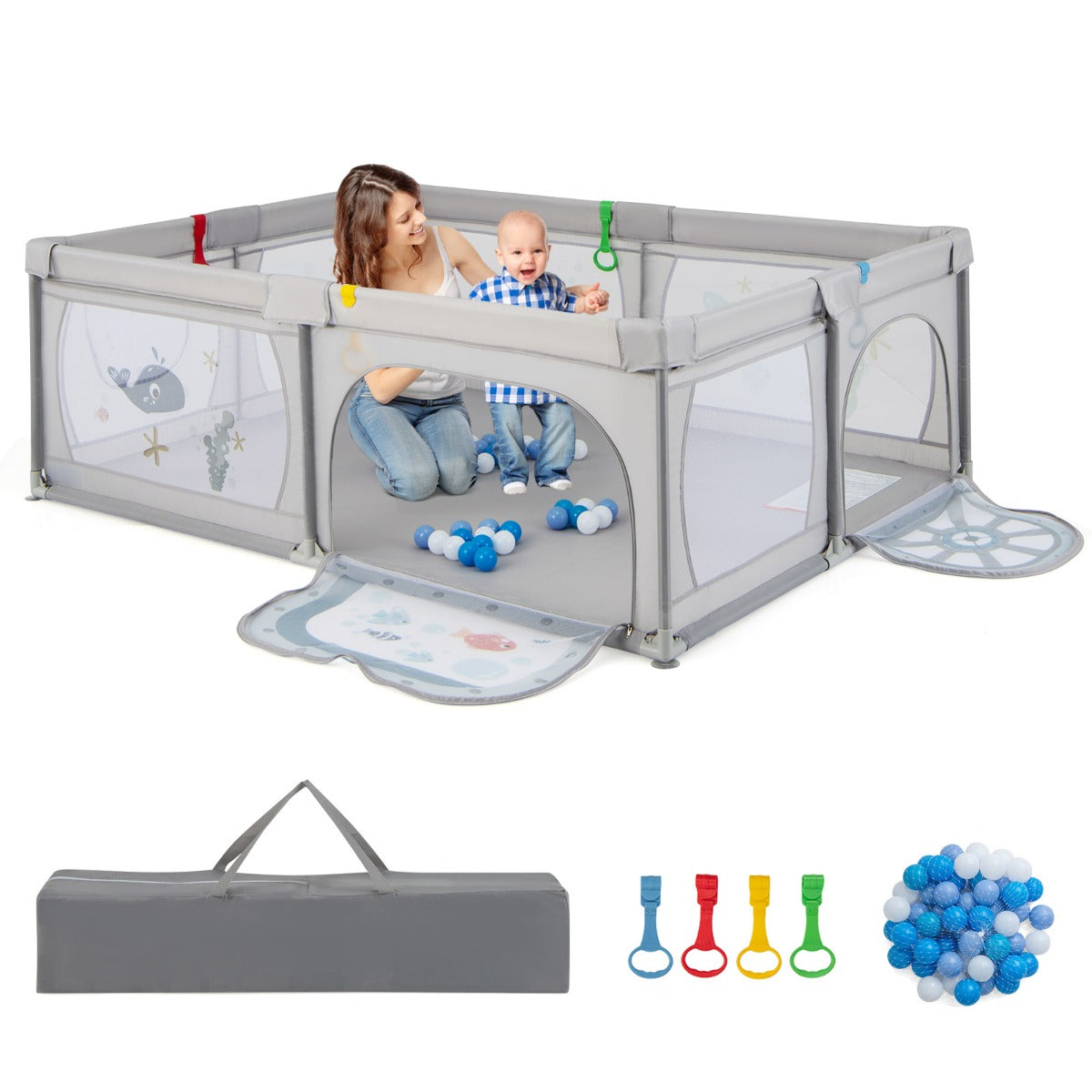 Parque Infantil – 206 x 147 x 68,5 cm – Cinzento – Tecido Oxford