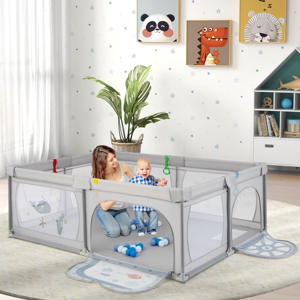 Parque Infantil – 206 x 147 x 68,5 cm – Cinzento – Tecido Oxford