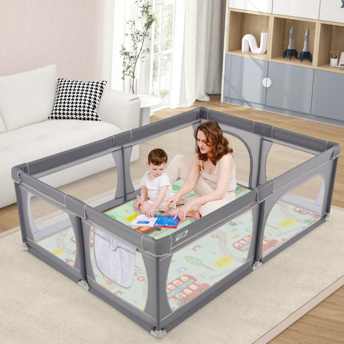 Parque Infantil com Tapete – 206 x 147 x 68,5 cm – Cinza Escuro – Tecido Oxford