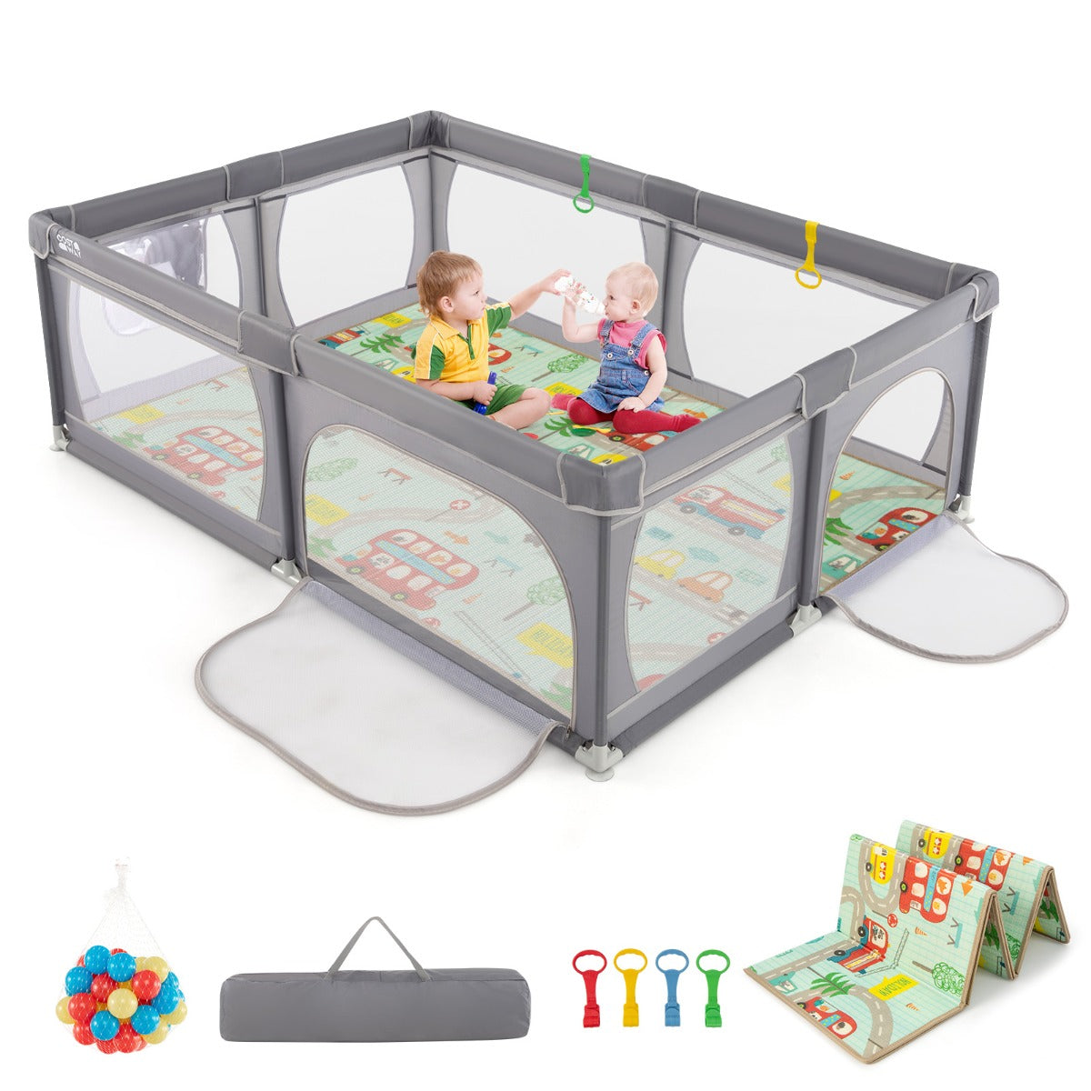 Parque Infantil com Tapete – 206 x 147 x 68,5 cm – Cinza Escuro – Tecido Oxford