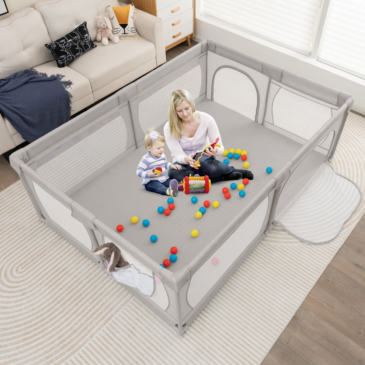 Parque Infantil – 206 x 147 x 68,5 cm – Cinzento Claro – Tecido Oxford