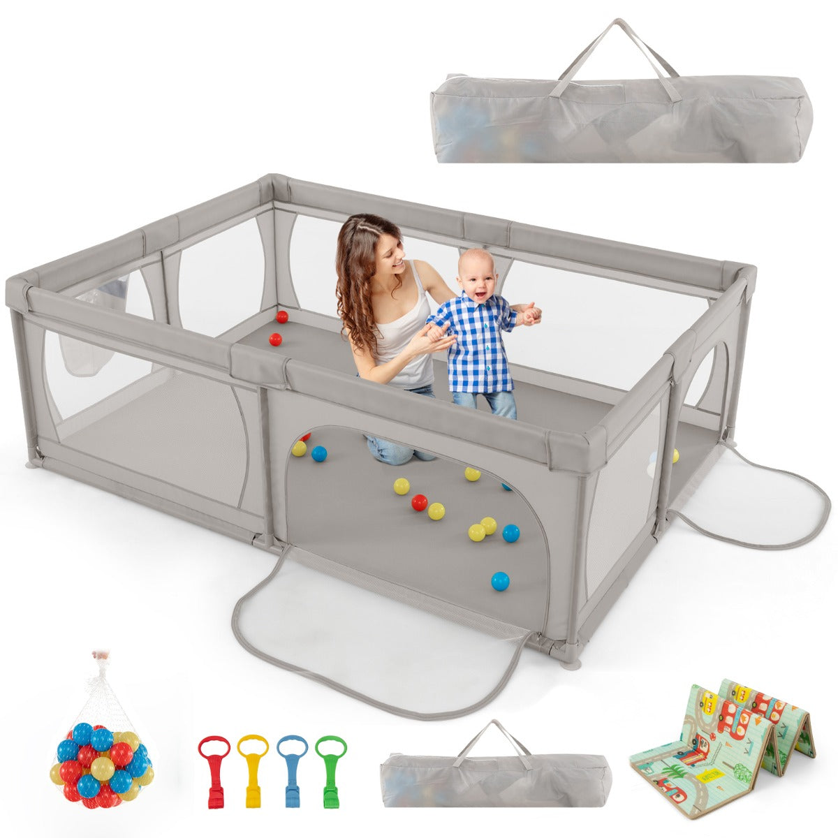 Parque Infantil – 206 x 147 x 68,5 cm – Cinzento Claro – Tecido Oxford