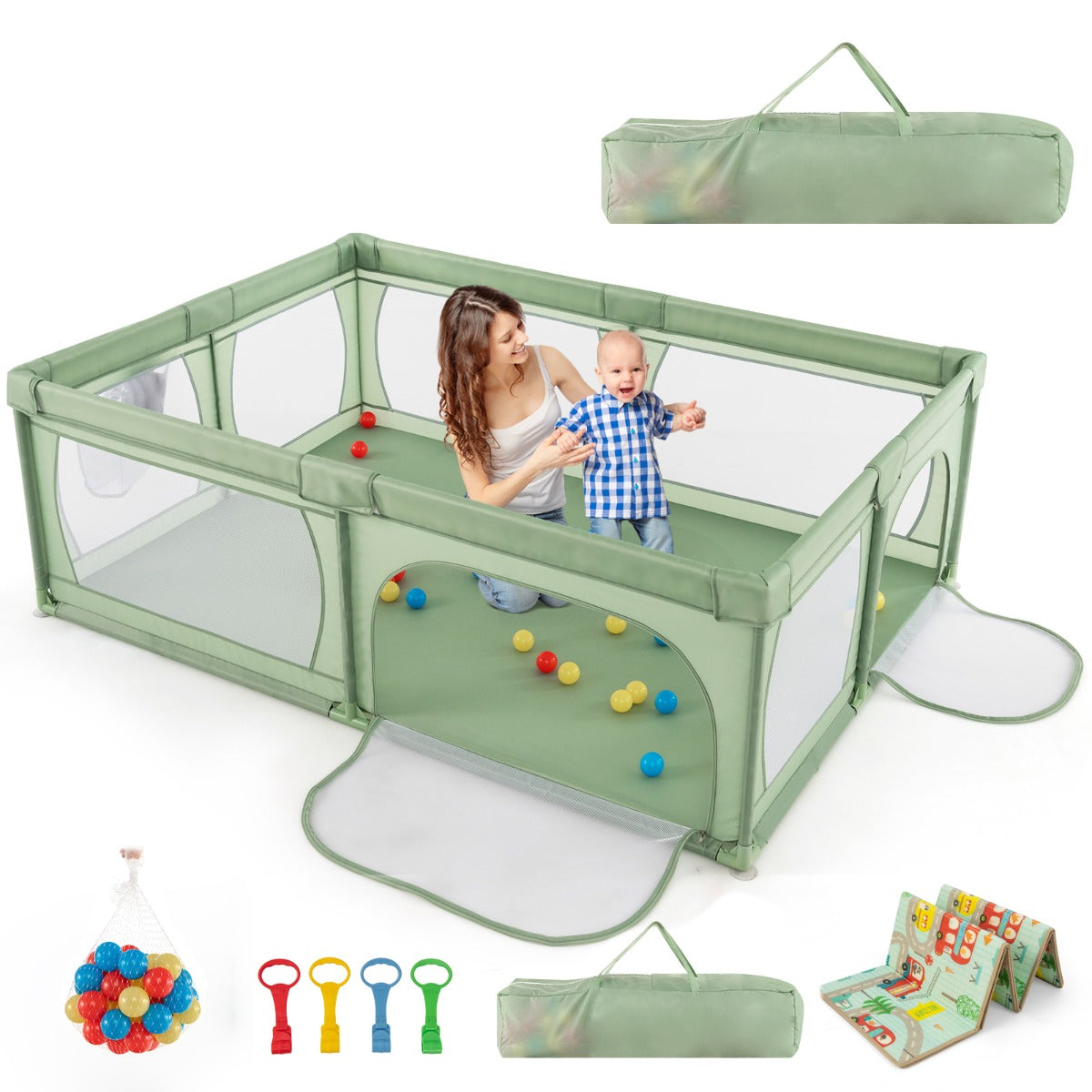 Parque Infantil com Tapete Centro de Atividades – 206 x 147 x 68,5 cm – Verde – Tecido Oxford