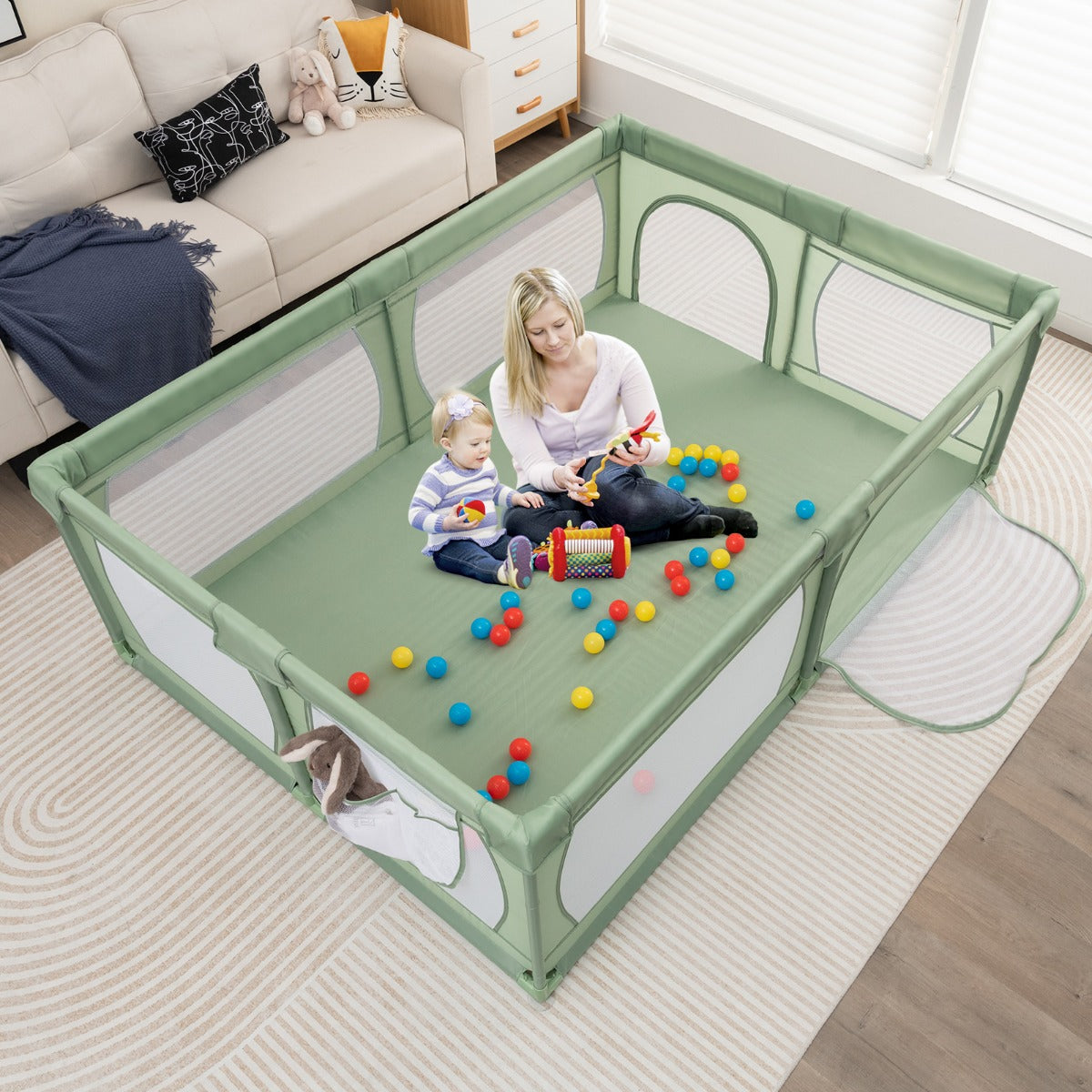 Parque Infantil com Tapete Centro de Atividades – 206 x 147 x 68,5 cm – Verde – Tecido Oxford