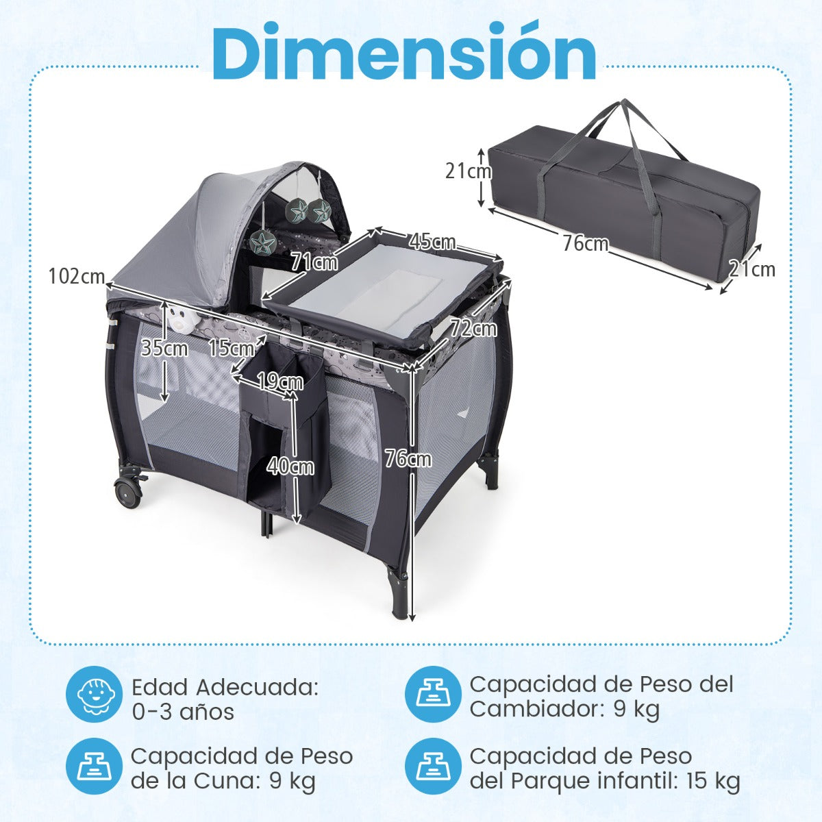 Cuna de Viagem 3 em 1 – Cinzento – Metal