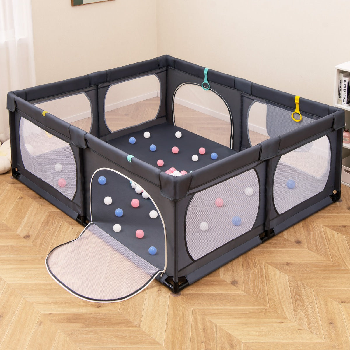 Parque para Bebés – 50 Bolas Oceânicas – Cinza Escuro – Malha Respirável