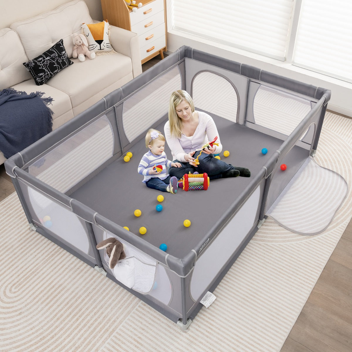 Parque para Crianças – 206 x 147 x 68,5 cm – Cinza Escuro – Tecido Oxford