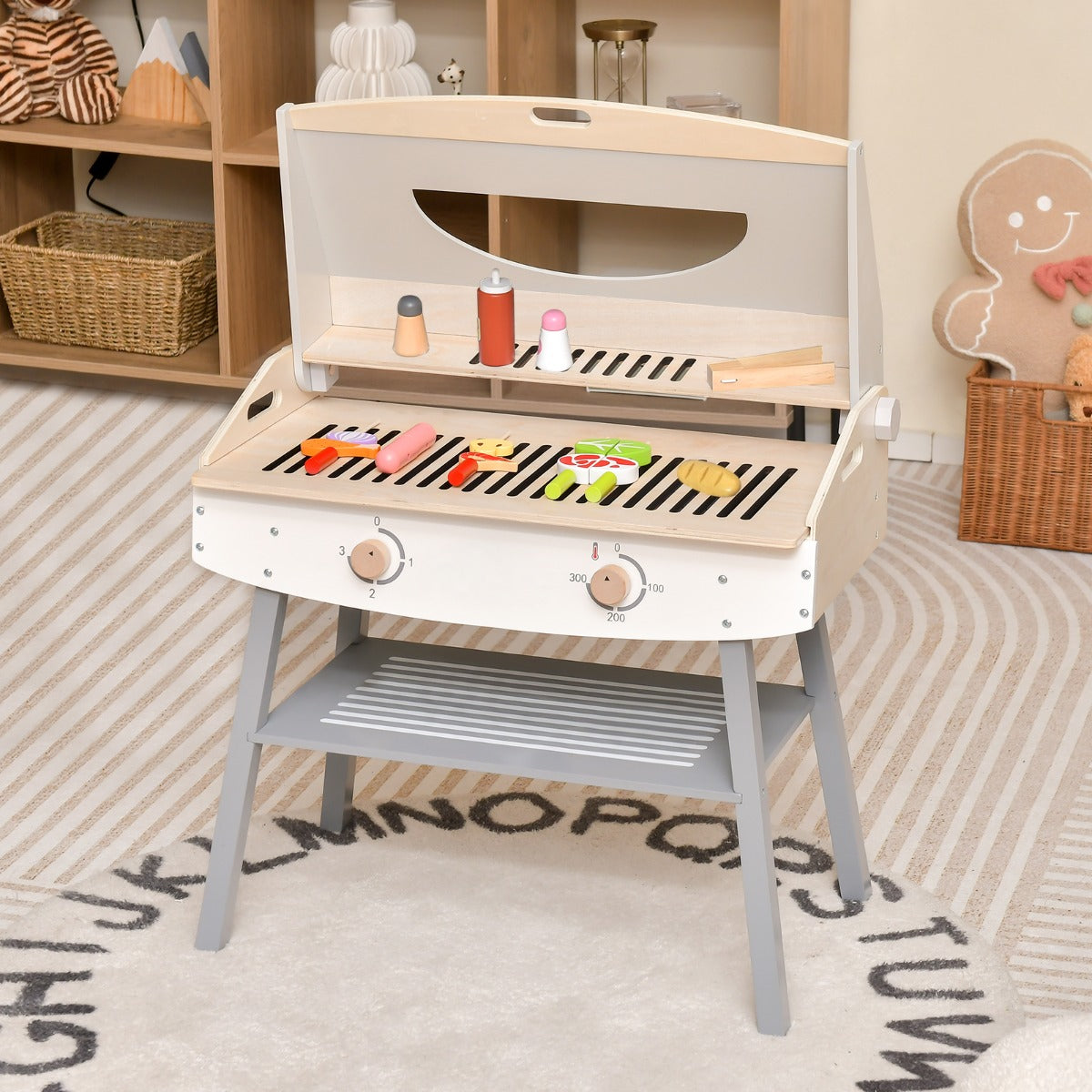 Conjunto de Brinquedos de Churrasco Conjunto de Cozinha de 18 Peças em Madeira para Crianças 3+ Anos