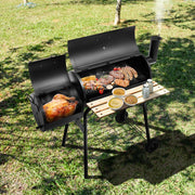 Parrilla de Carvão BBQ com Defumador Lateral Prateleira Asas de Madeira Duas Rodas 115 x 65 x 108 cm Preto