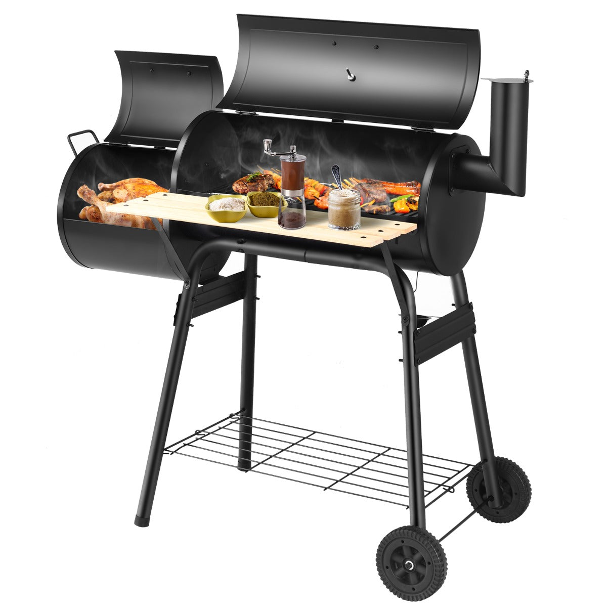 Parrilla de Carvão BBQ com Defumador Lateral Prateleira Asas de Madeira Duas Rodas 115 x 65 x 108 cm Preto