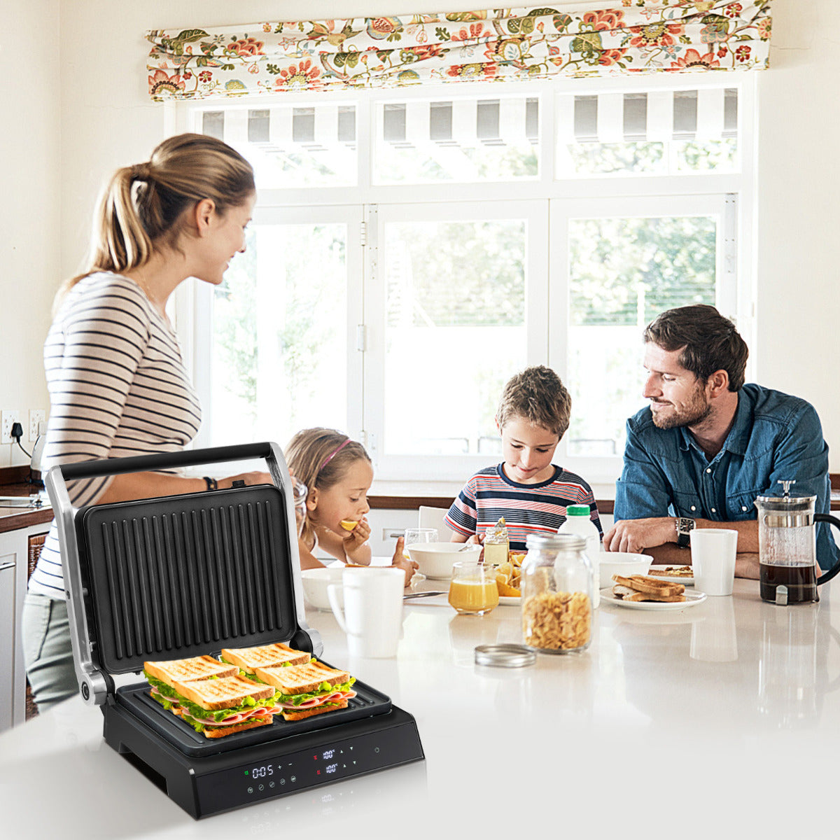 Grelhador Panini Elétrico 1800-2000W 3 em 1 Sanduicheira Abertura 180º Chapas Antiaderentes Controlo de Temperatura 35 x 30 x 14 cm Preto